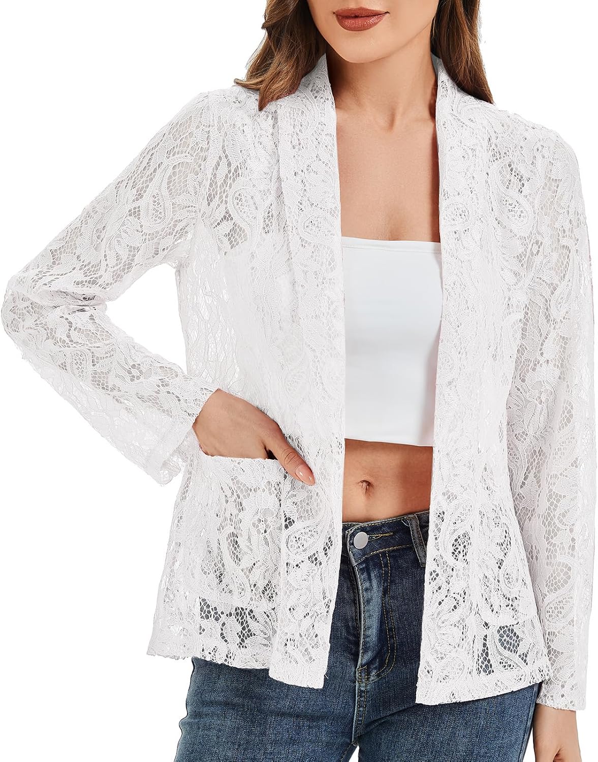 Womens Lace Blazer Open Front Sheer Mesh 3/4 Sleeve Casual Blazer Jacket image 3