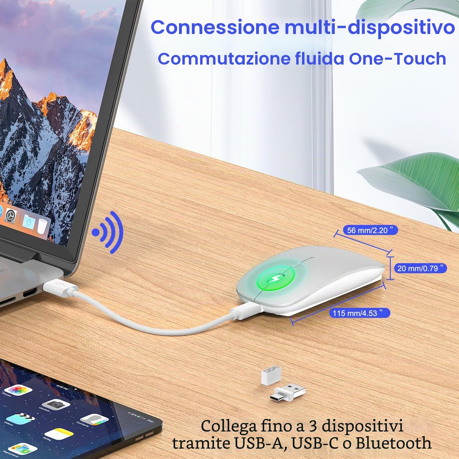 Mouse Wireless Bluetooth 5.2/3.0 + 2.4G USB-A/C – Ricaricabile USB-C, Click Silenzioso, 3 DPI (800/1200/1600), Jiggler Integrato – per iPad, MacBook, Laptop e PC Windows