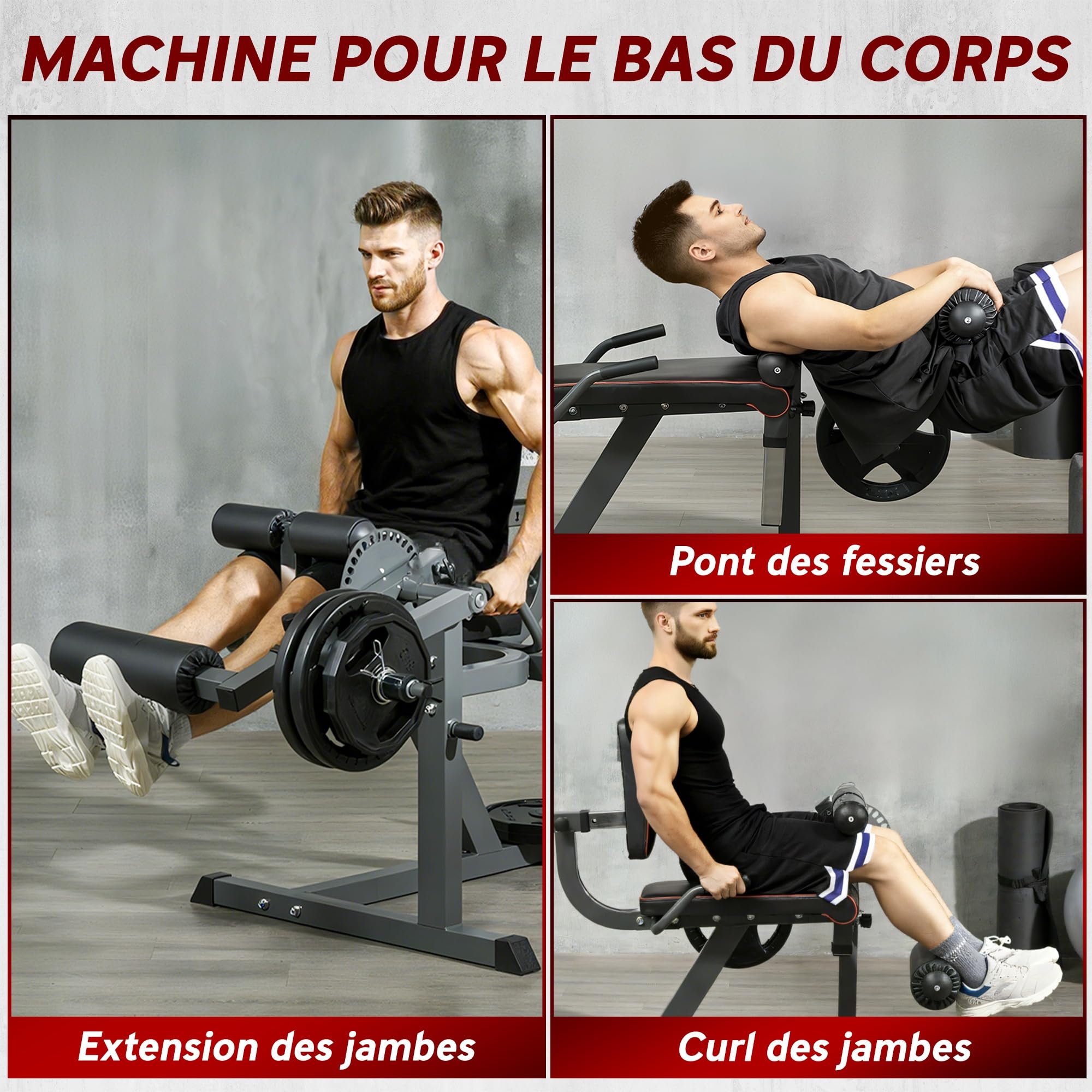 SPORTNOW Machine d'extension de jambe, étirement des jambes, capacité 120 kg, multifonction équipement banc de musculation pour gym, entraînement des hanches, cuisses et bas du corps acier noir