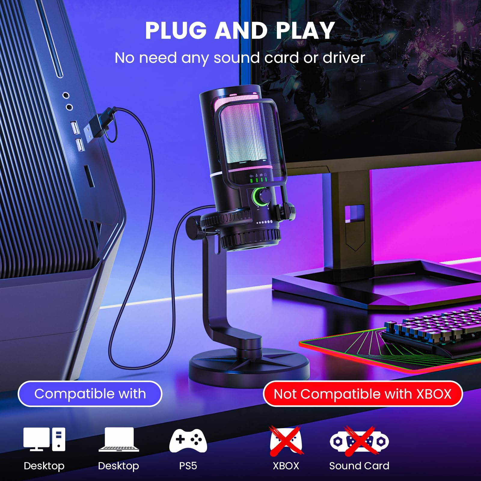 SINWE USB Gaming Mikrofon mit Rauschunterdrückung und Gain-Steuerung – Mikrofon für PC, PS4/5, Streaming, Gaming und Podcasts – inkl. Pop-Filter, Aufhängung, schnelle Stummschaltung und