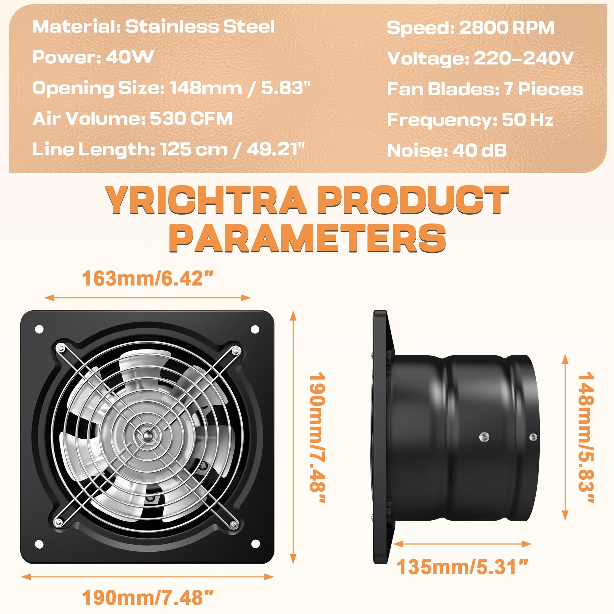 150 mm Extracteur d'Air Chaud 525m³/h– Puissant, Silencieux, et Efficace | Valve Anti-Retour | Prévention de l'Humidité et Refroidissement | Idéal pour Cuisine, Salle de Bain, Noir