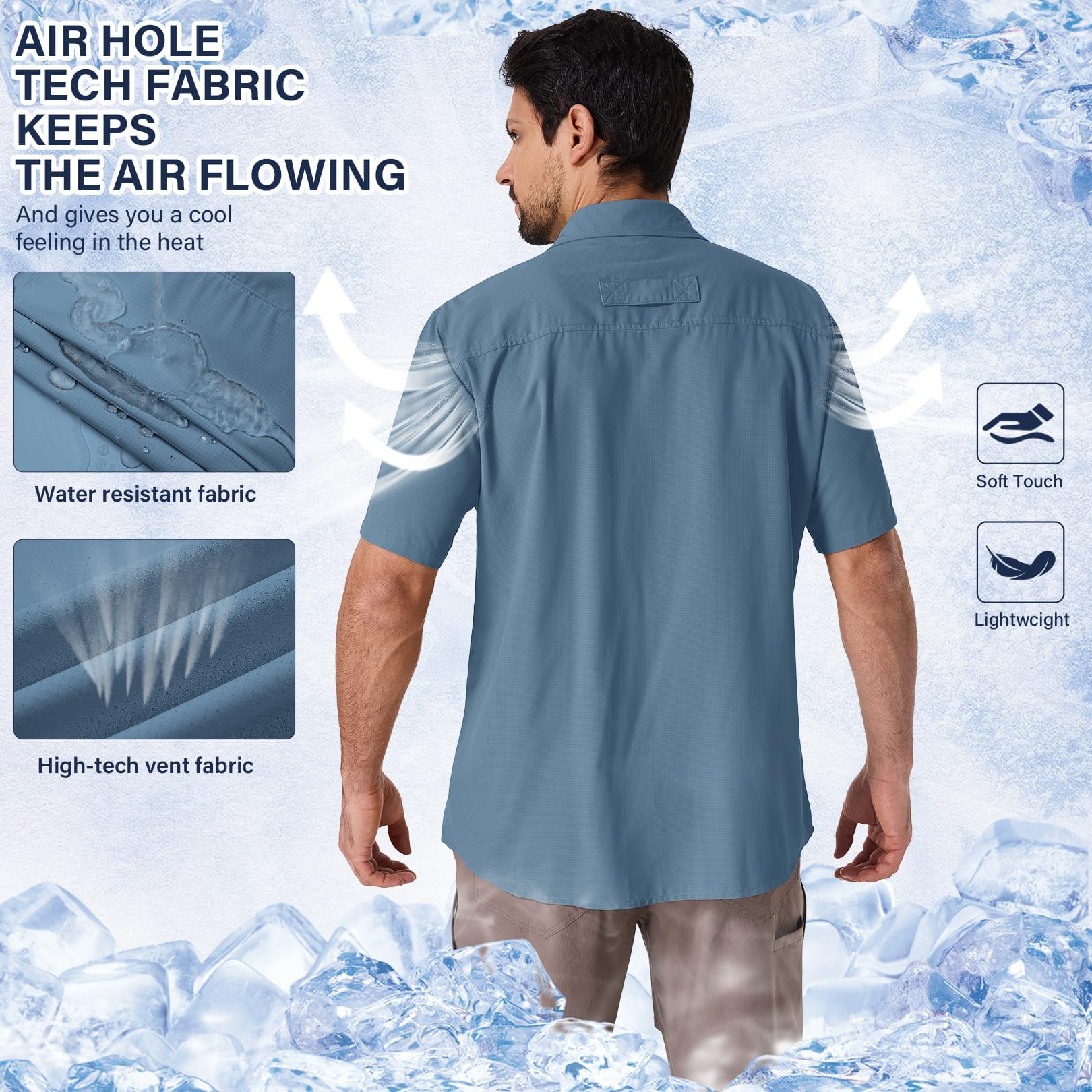 Camicia da uomo a maniche corte Safari UPF50+, protezione UV, da trekking, da uomo, traspirante, ad asciugatura rapida