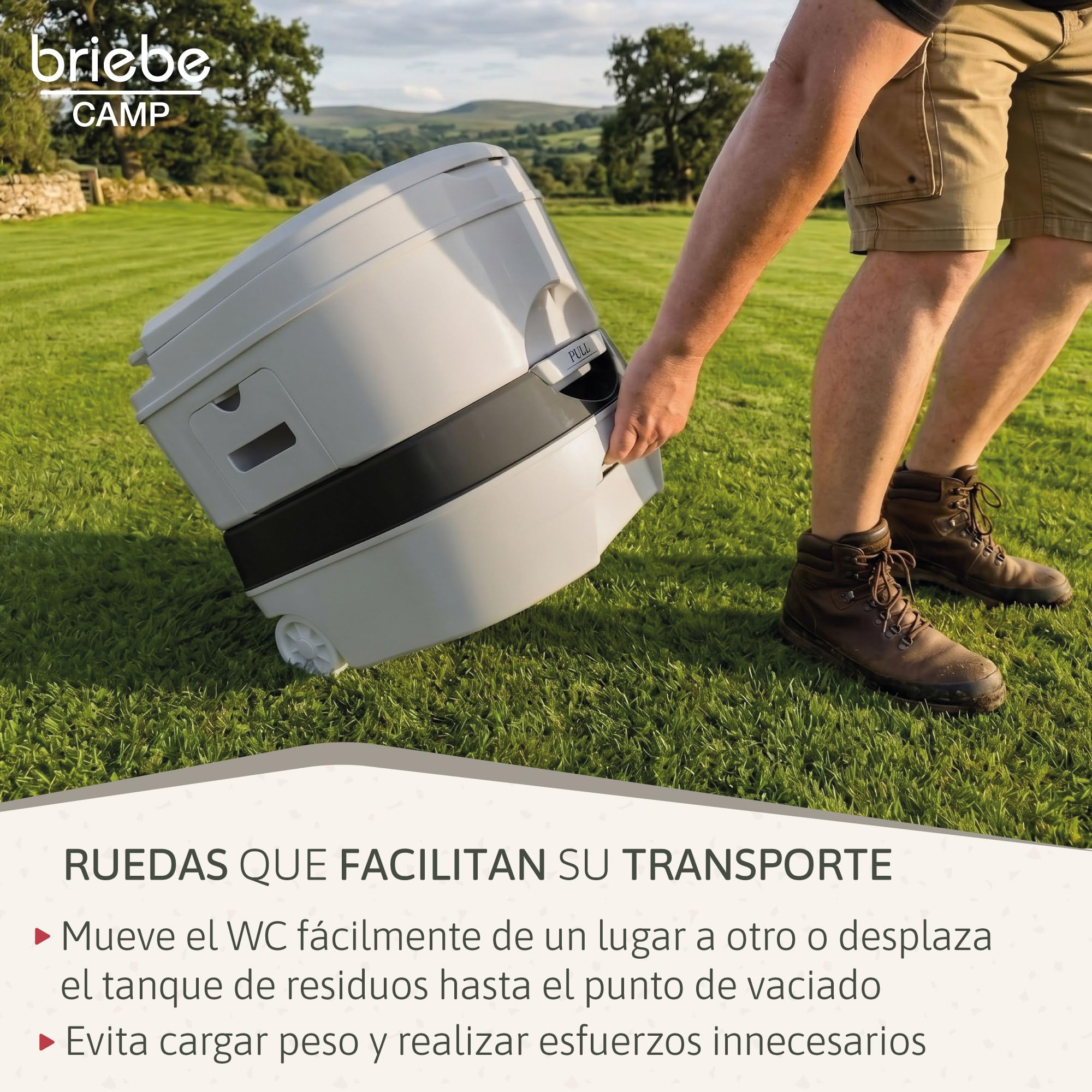 briebe Camp WC Inodoro Portátil Químico con Ruedas Adultos Potty 24L Camping, Camper, Auto Caravana, Water con Cisterna Descarga Agua 20L, Válvula Drenaje sin Fugas, Fácil Limpiar y Vaciar WC1196G