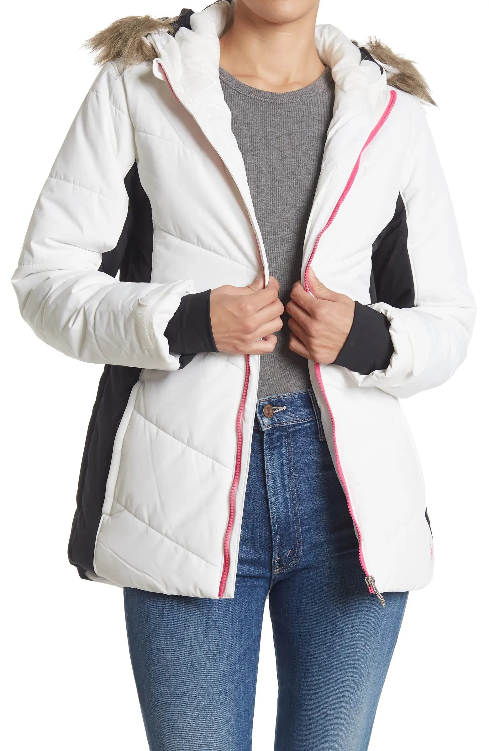 Spyder Women's Wren Faux Fur Hooded Full Zip Jacket, White Small
