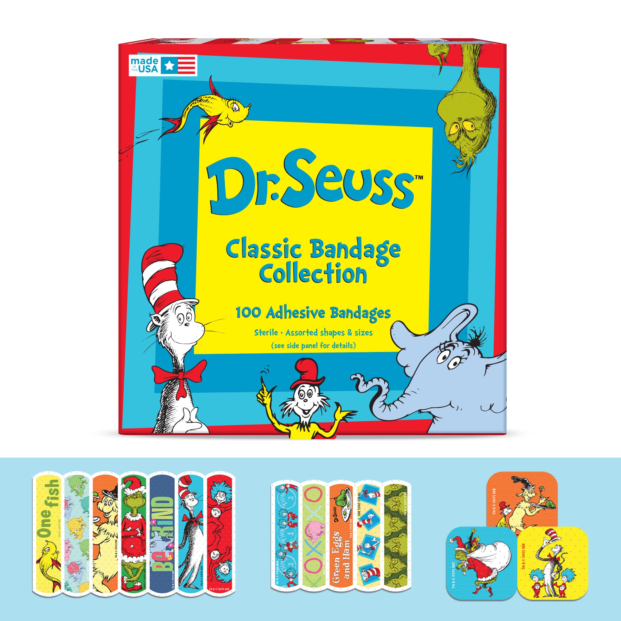 Dr. Seuss Bandages, 3 Assorted Sizes 100 CT | Flexible Adhesive Bandages for Minor Cuts, Scrapes, and Burns. Wear Like Stickers. Great Gift idea for Kids.