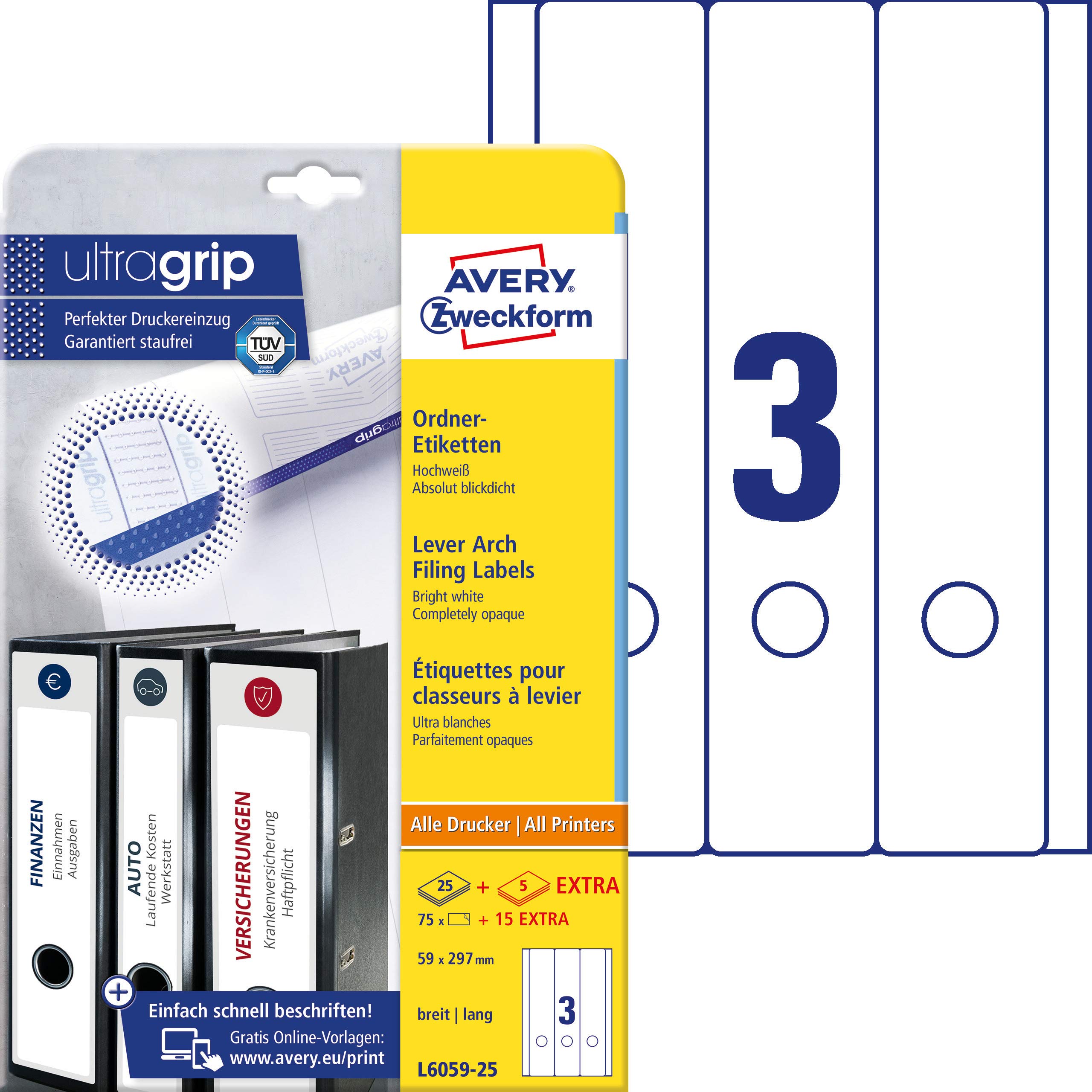 Avery Zweckform L6059-25 Filing Labels Long for Wide Folders such as Elba, Esselte and Herlitz, 59 x 297 mm, 25 Sheets