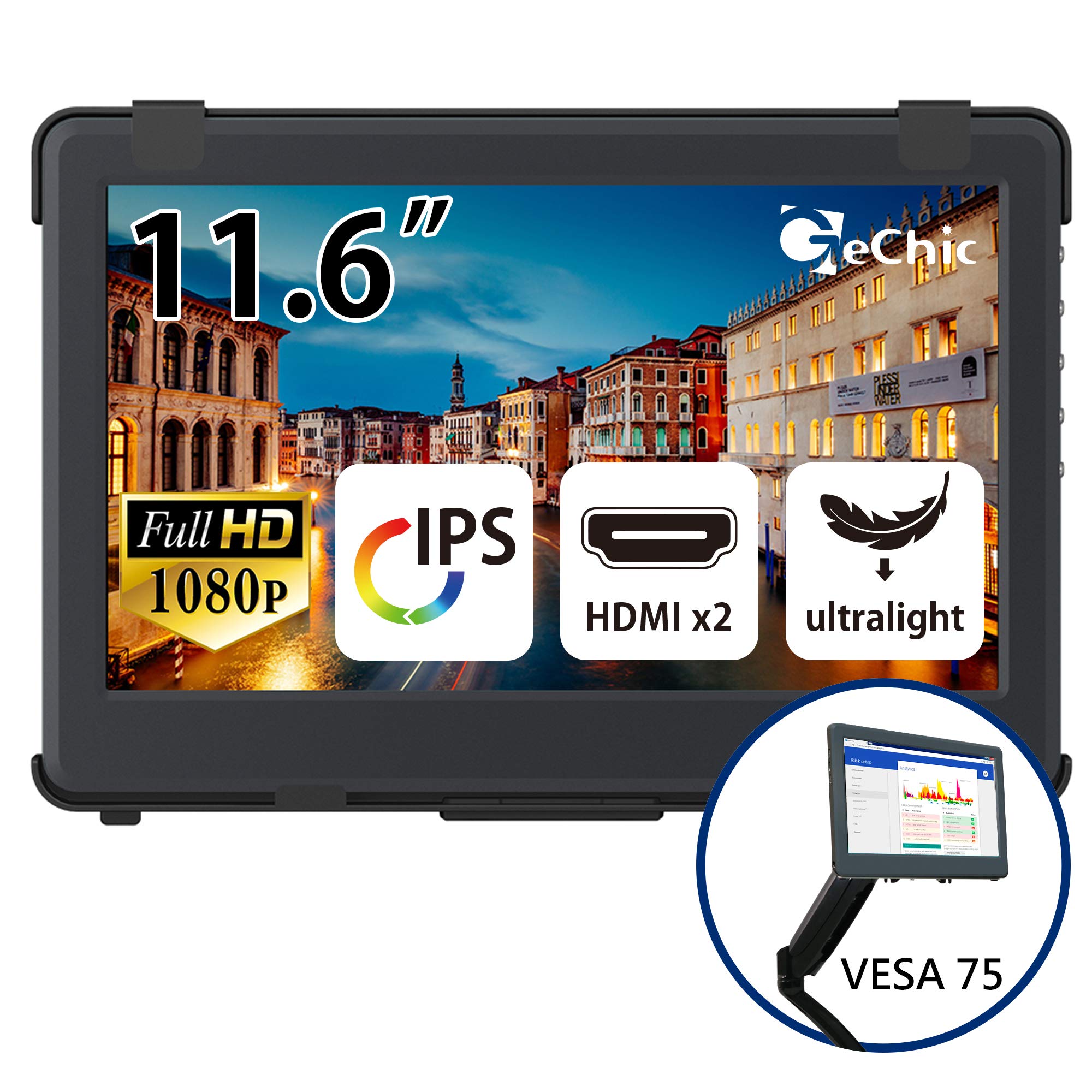Gechic 1102E 11.6 inch FHD 1080p Portable Monitor with HDMI & VGA Video inputs, USB Powered, Plug&Play, Ultralight and Slim, Built-in Speakers, Rear Docking Expansion Port