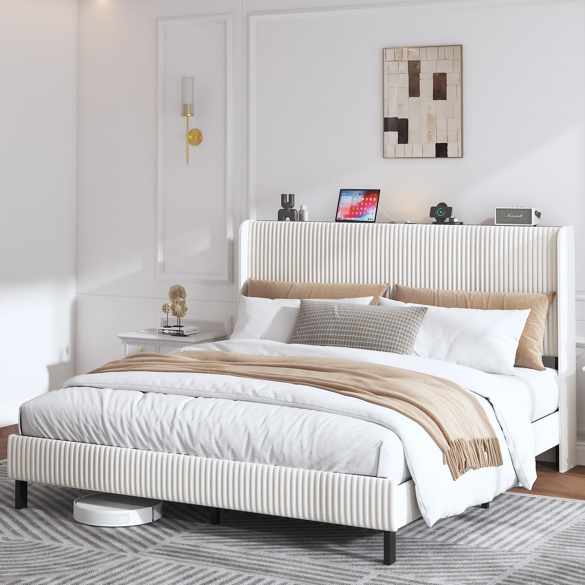 OKMYHOME Cama Tapizada 180x200 cm, Cama Doble Grande con LED y Puerto USB Tipo C, Estructura con Somier de Láminas de Metal, Tela Acanalada, Beige, Sin Colchón