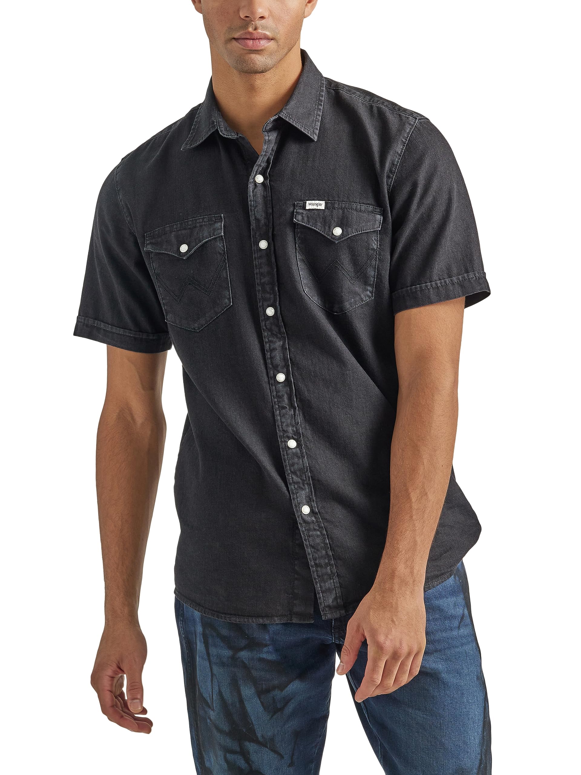 Wrangler Men's Off Black Short Sleeve Western Denim Shirt, S