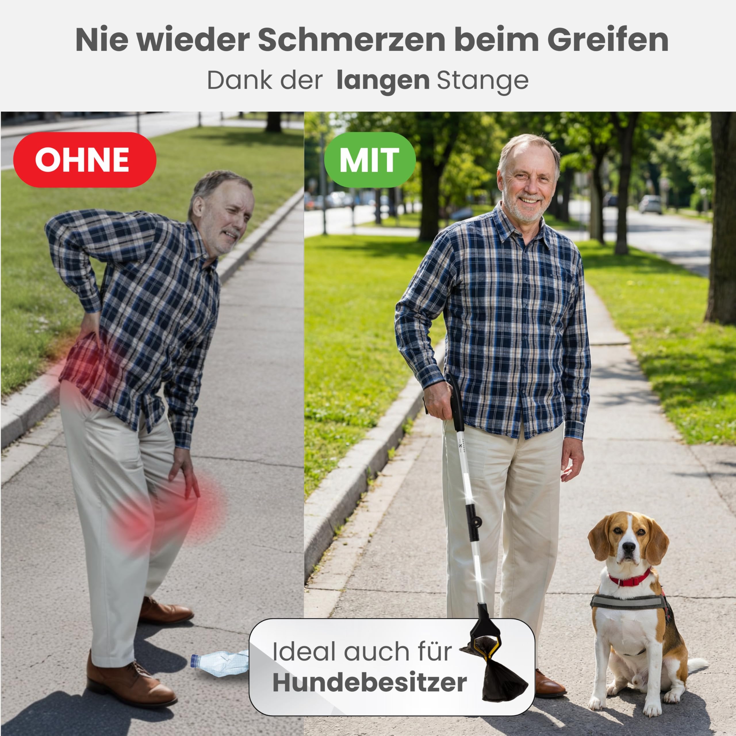Greifzange für Senioren [80 cm] faltbarer Greifer zum aufheben | Reacher aus Aluminium | Müllzange 360° Drehkopf Magnet | Schuhlöffel lang | Schuhanzieher für Damen Herren | rutschfeste Silikongreifer