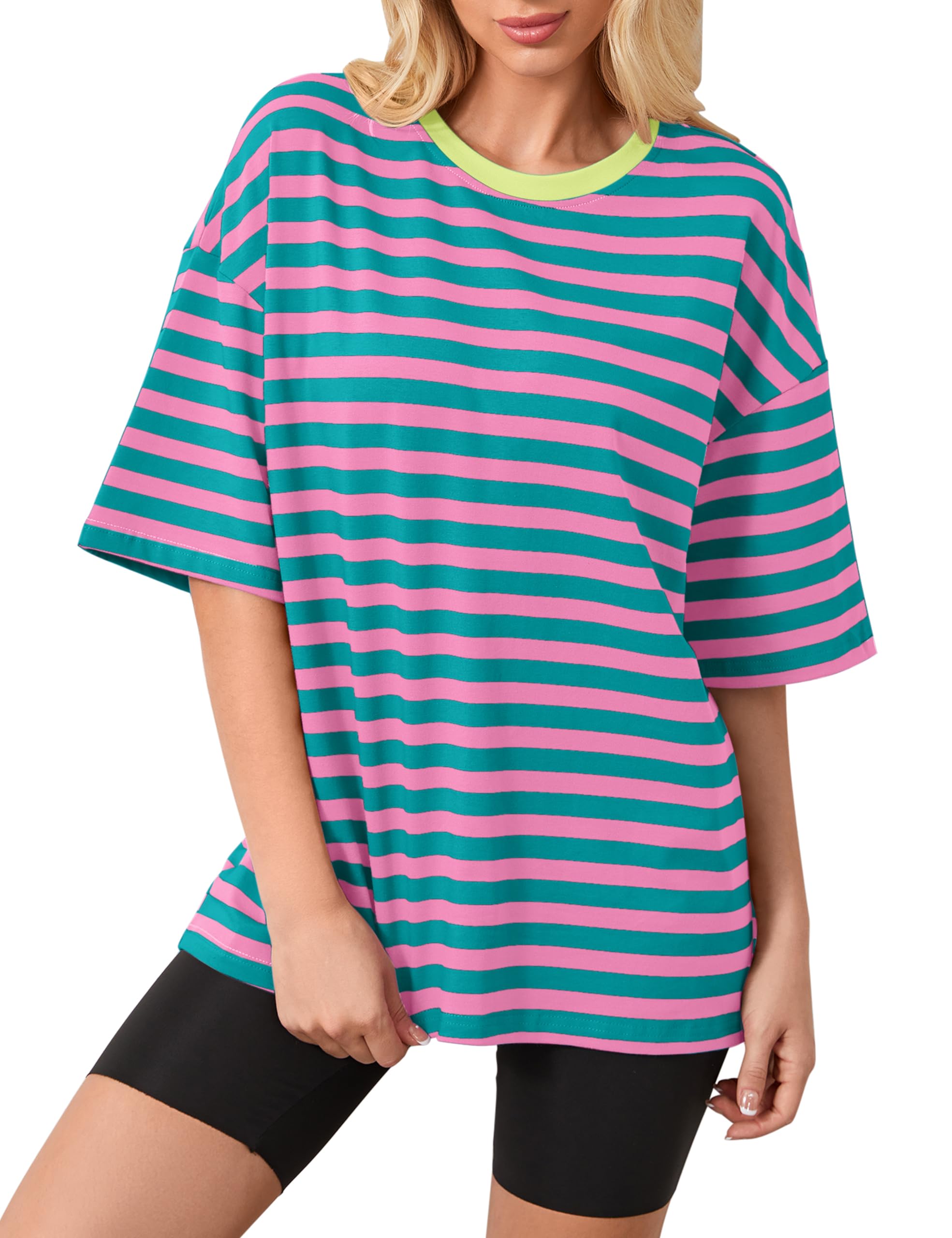 ACCPUR Women Oversized Striped Short Sleeve T-Shirts Color Block 