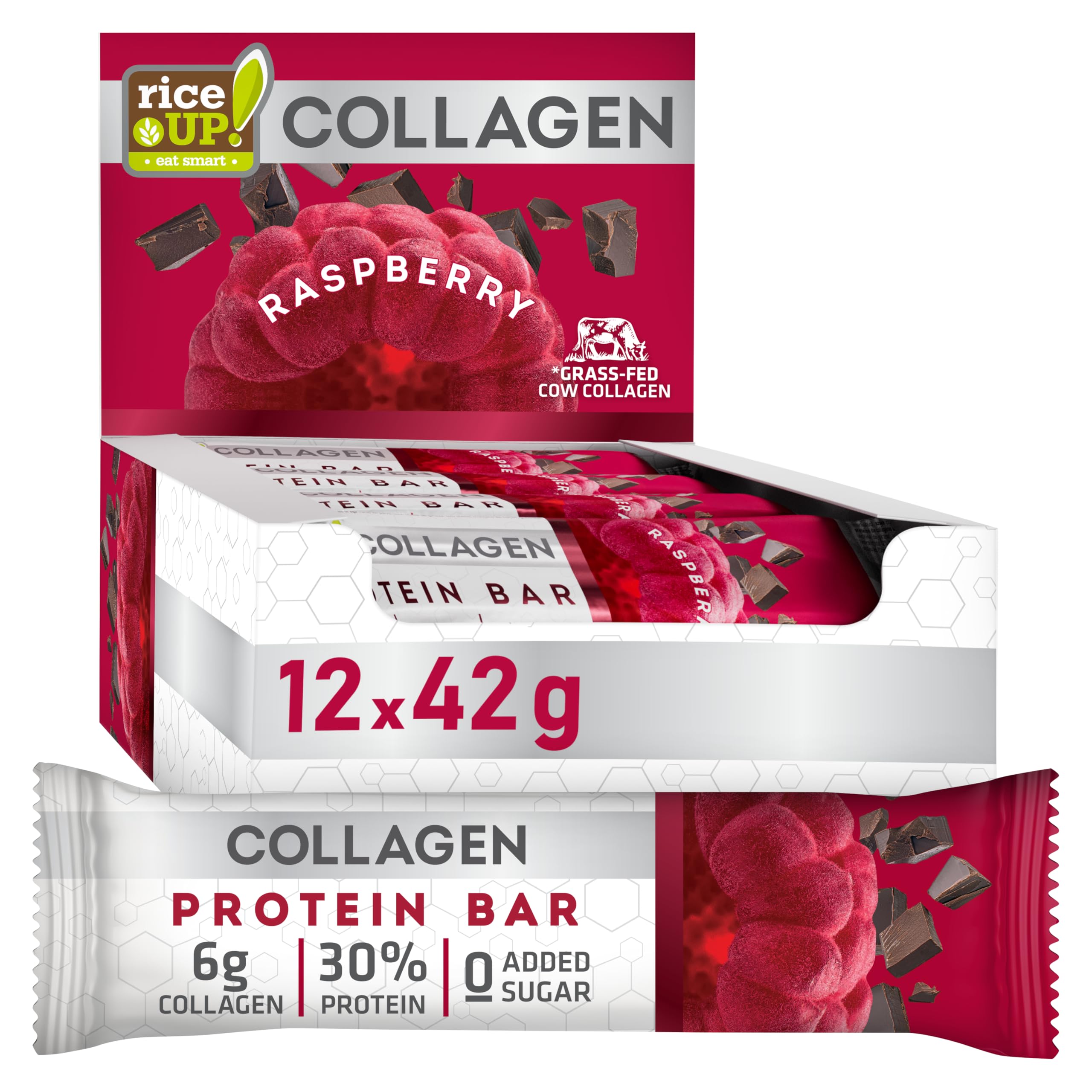 RiceUP! Barre Proteiche con Collagene, Gusto Lampone, 12 x 42g | 6000 mg Collagene (I+III), 30% Proteine, Senza Zucchero