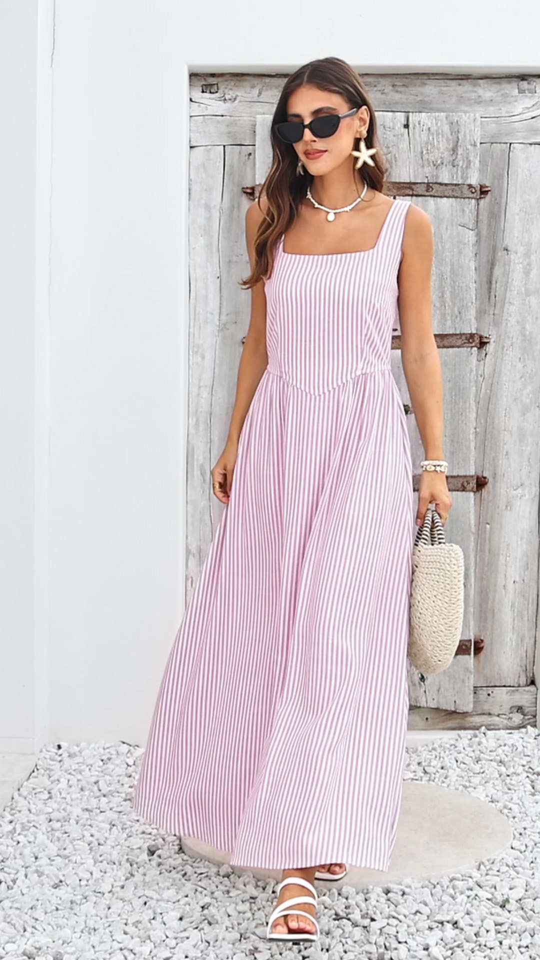 pink and white striped maxi dress Pretty Stripe | Trendy Women's Dresses Button details Vertical Striped Scoop Neck Slip