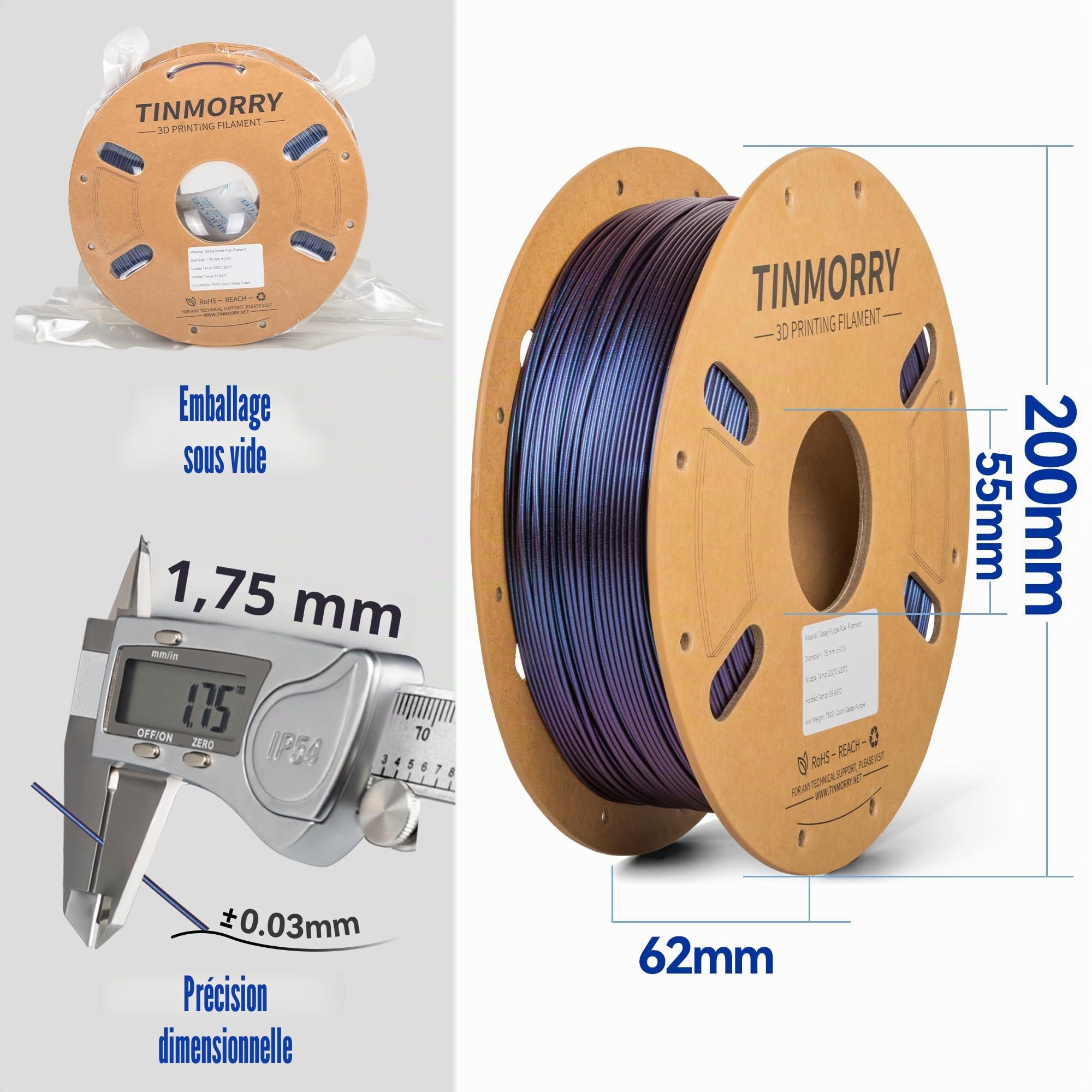 TINMORRY Filament PLA 1,75 mm, filament imprimante 3D 750 g X4, 4 couleurs
