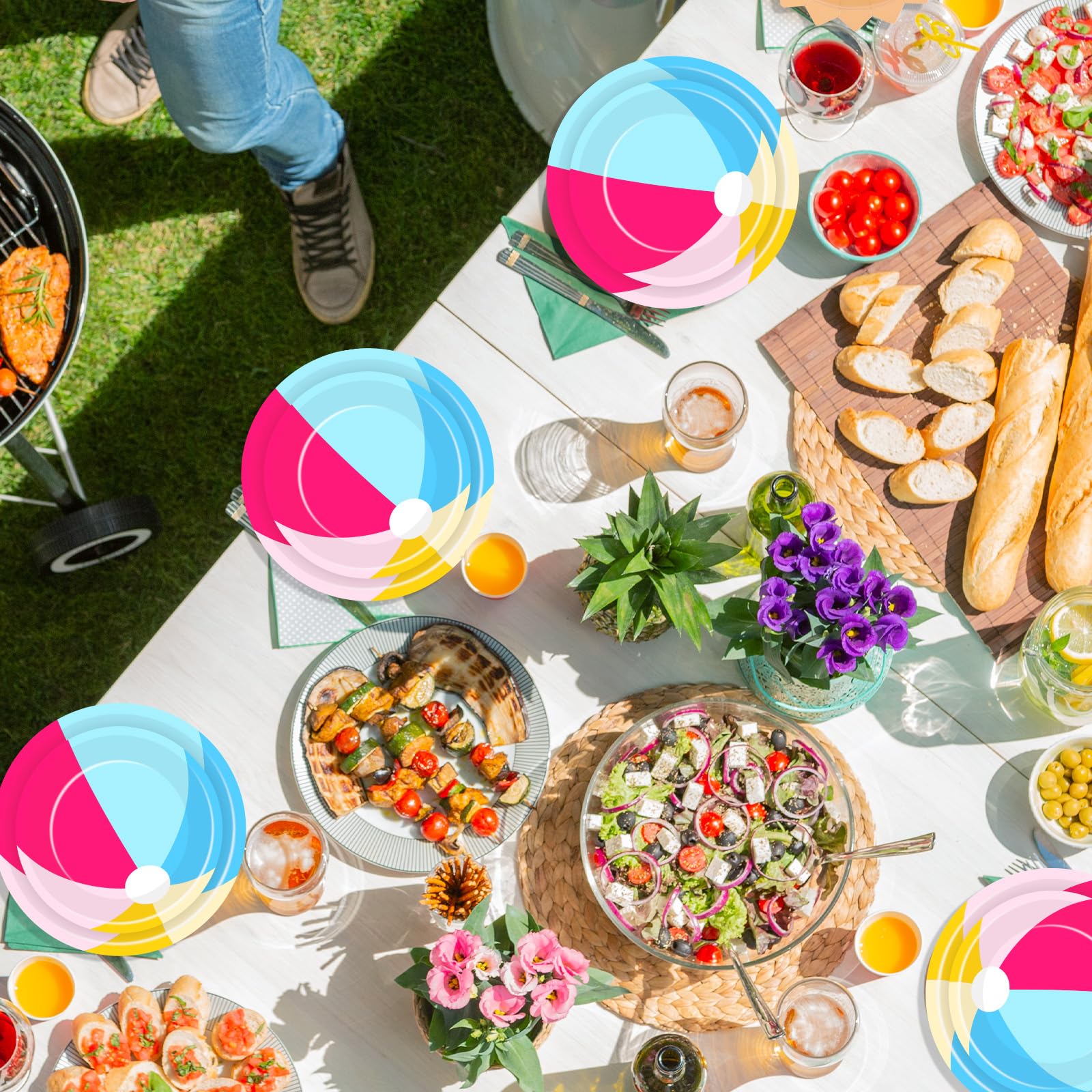 FYSUIMU 48 platos de papel de bola de playa de verano, platos desechables de bola de piscina, platos desechables de 7 y 9 pulgadas, vajilla de fiesta para cumpleaños, vacaciones, picnic, barbacoa