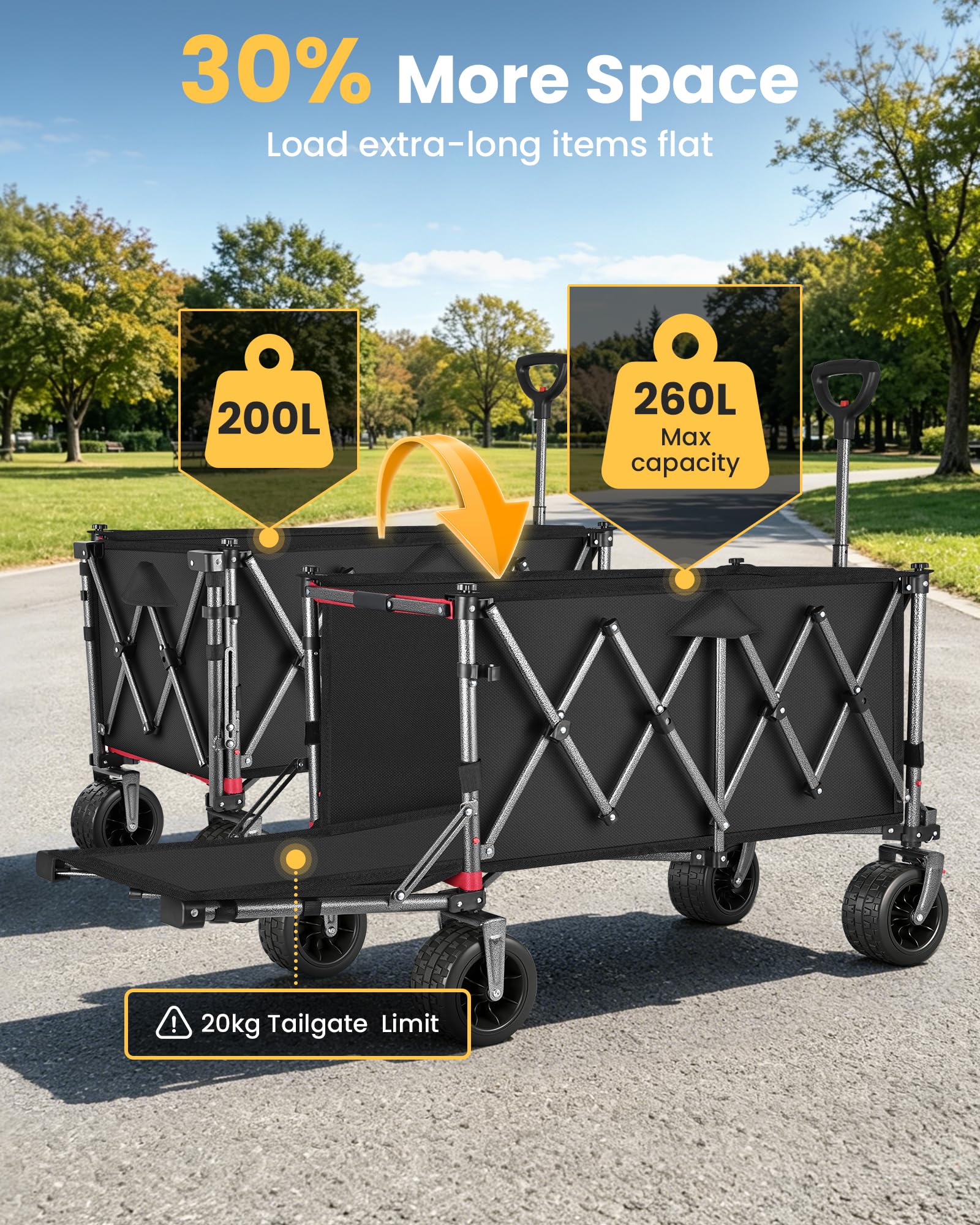 YEAUPE PRO Carro Playa Plegable con Freno 200-300L 200kg Negro | Estructura doble con panel trasero abatible, mango ajustable y diseño plegable para objetos largos en playa, camping y jardín