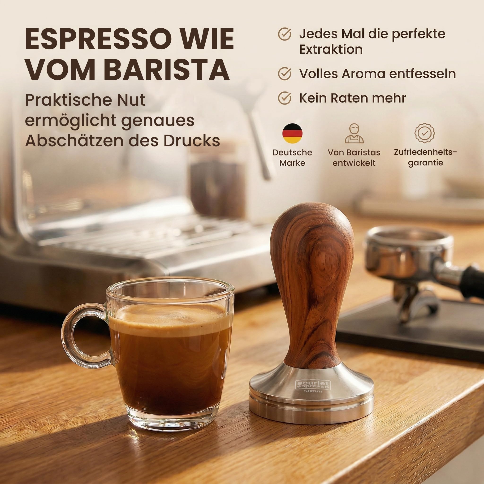 'Scarlet Espresso Classic – Prensador con marrón/negro inoxidable mango de madera para cafeteras, Set Ebenholz - Schwarz + Tamper Ablage, 41 mm