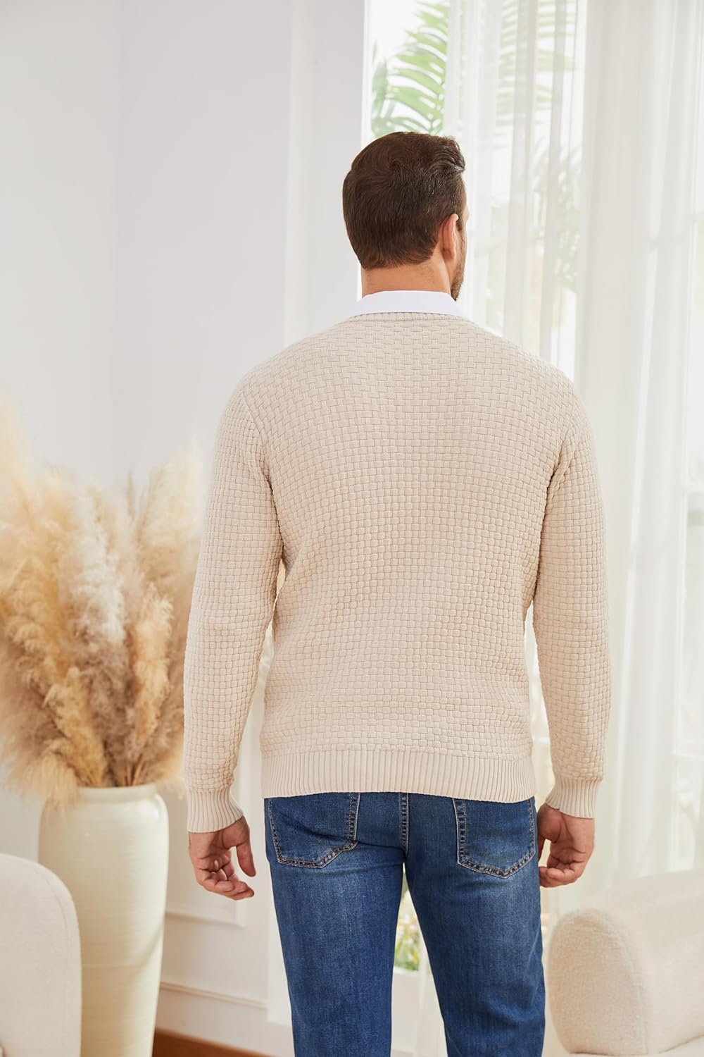 Zaitun Men's Crewneck Sweater Pullover Long Sleeve Solid Waffle Knitted Pullover Casual Sweaters - Image 3