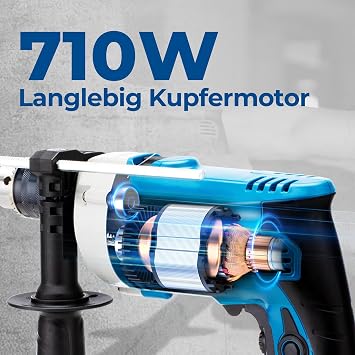 DongCheng DZJ05-13 710W Hammer Drill 13 mm Chuck Impact Drill 45000 IPM 3000 RPM with 15 Pieces Drill Bits for Metal Wood and Concrete
