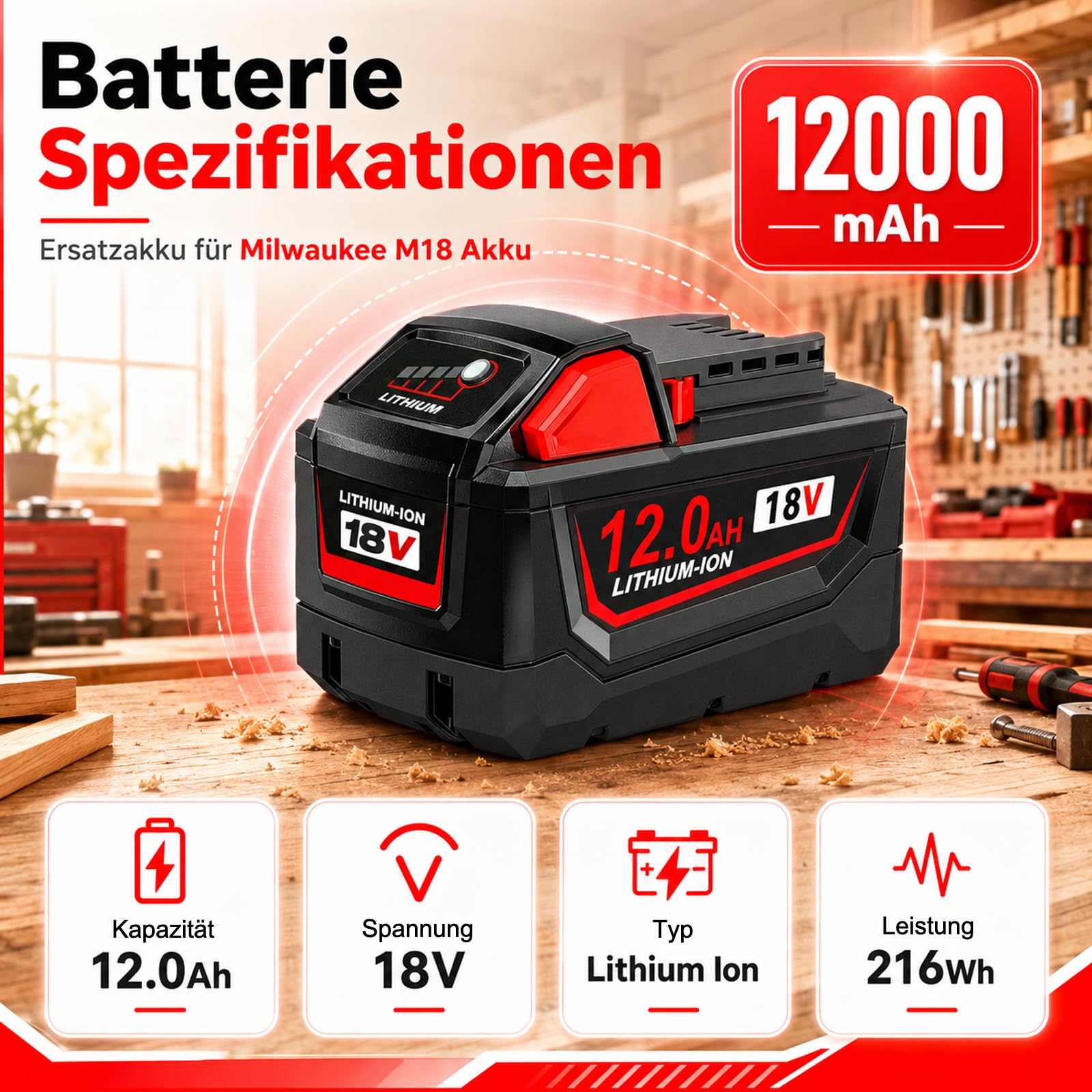 12000mAh Lithium Ersatz für Milwaukee M18 Akku 12.0Ah Kompatibel mit Milwaukee Akku 18V 48-11-1815, 48-11-1841, 48-11-1850, 48-11-1828, 48-11-1840 mit LED-Anzeige (1 × 12.0Ah)