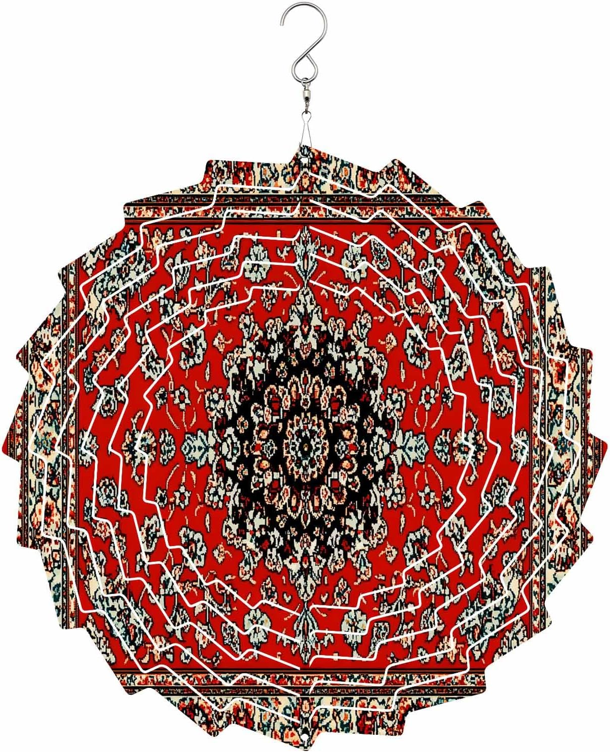 Vintage Flower Wind Spinner 3D Stainless Steel, 12 in Lotus Shape Double Sided Hanging Wind Spinners, Abstract Geometric Ethnic Red Garden Art Wind Sculpture for Yard Porch Front Door