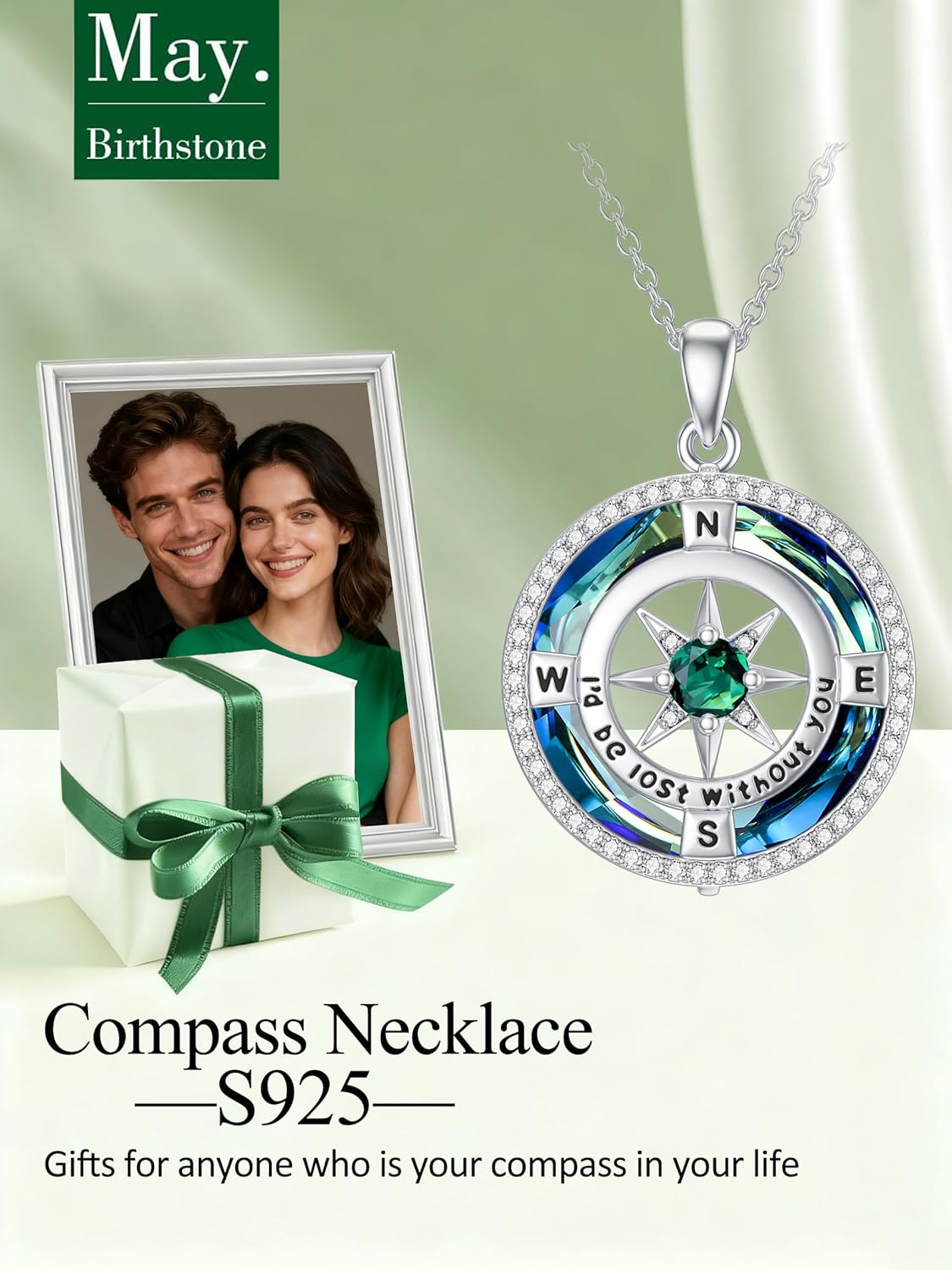 TOUPOP Valentines Day Gifts for Her Birthstone Necklace for Women Sterling Silver I'd be Lost without You Compass Crystal Pendant Jewelry Wife Anniversary Girlfriend Birthday - Image 2