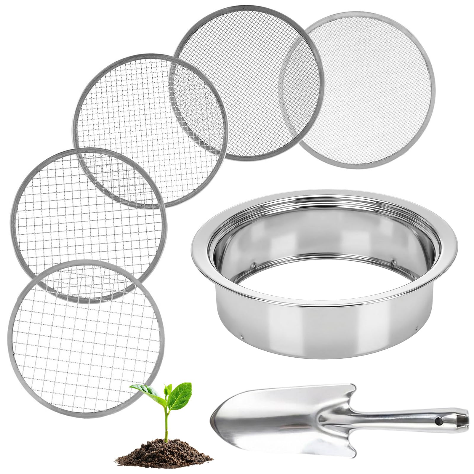 5-en-1 Tamis de Jardinage en Acier Inoxydable,Tamis à Sable avec Mailles Ø 1, 3, 6, 9 et 12 mm,Inclut 1 Pelle à Main pour Terre, Pierres, Compost, Mauvaises Herbes, Sable, Gravier et Graines