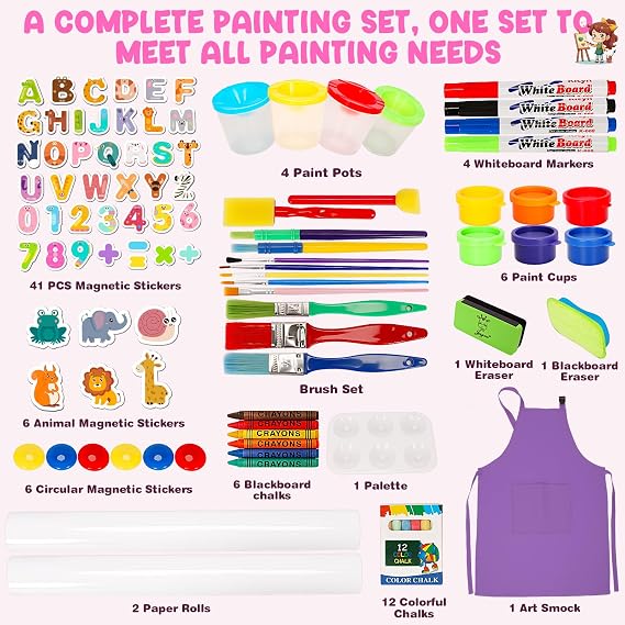 Wooden Easel for Kids, All-in-ONE Adjustable Easel with Art Supplies, Magnetic Double Sided Whiteboard & Chalkboard, Ideal Christmas, Birthday Gift for Boys & Girls Age 3, 4, 5, 6, 7, 8+ Years Old