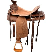 Brown Tooled Leather Western Barrel Roping Saddle 13-17 Inch Big Horn Wade Tree Horse Riding Saddle with Headstall & Breast Collar Set, Ranch Rodeo Trail Cowhorse Equestrian Tack
