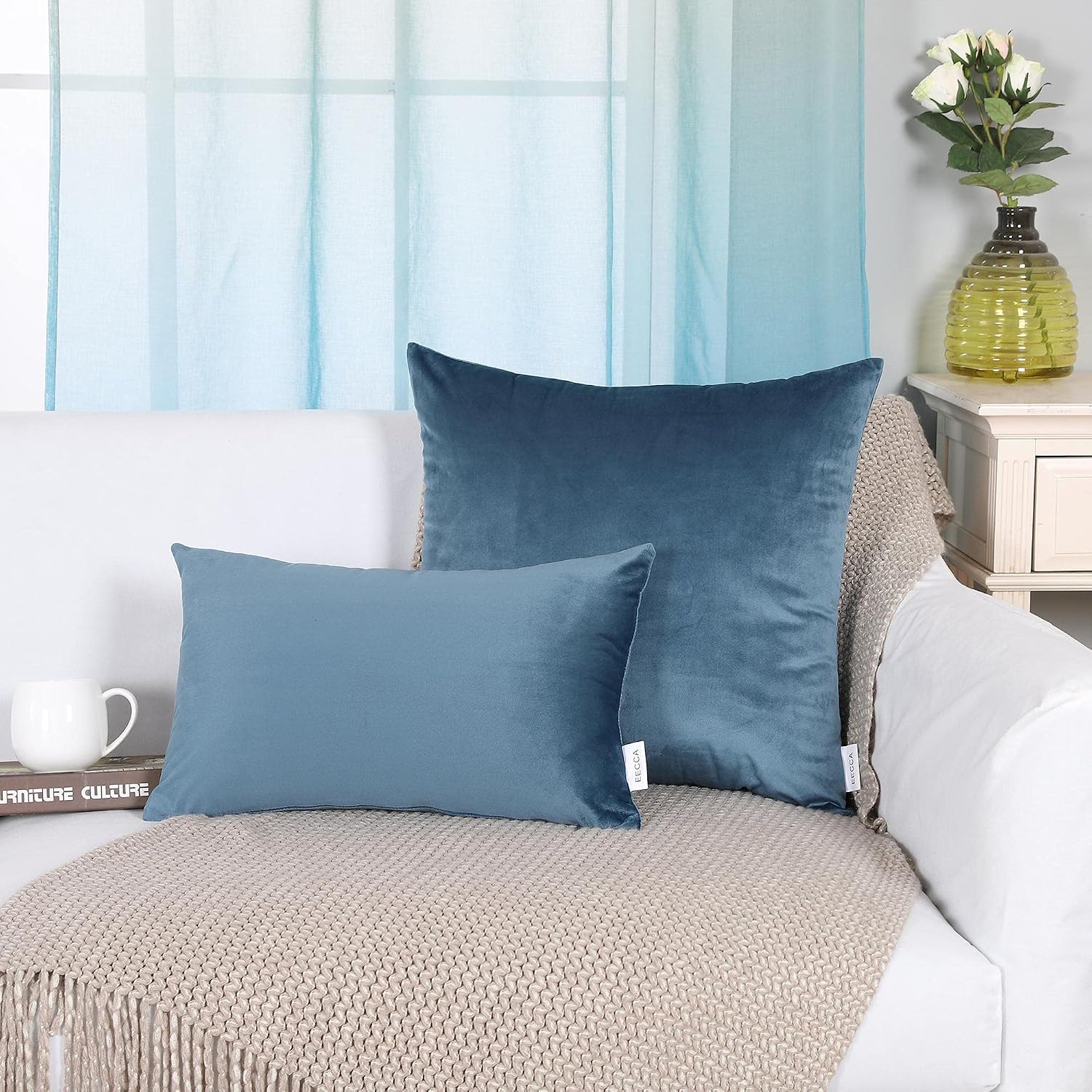 EECCA Set of 2 Super Soft Decorative Velvet Cushion Case Luxury Modern Square Throw Pillow Cover Decorative Pillow for Bedroom Living Room Cushion Cases Bed Sofa,Stone Blue,24x24 Inches