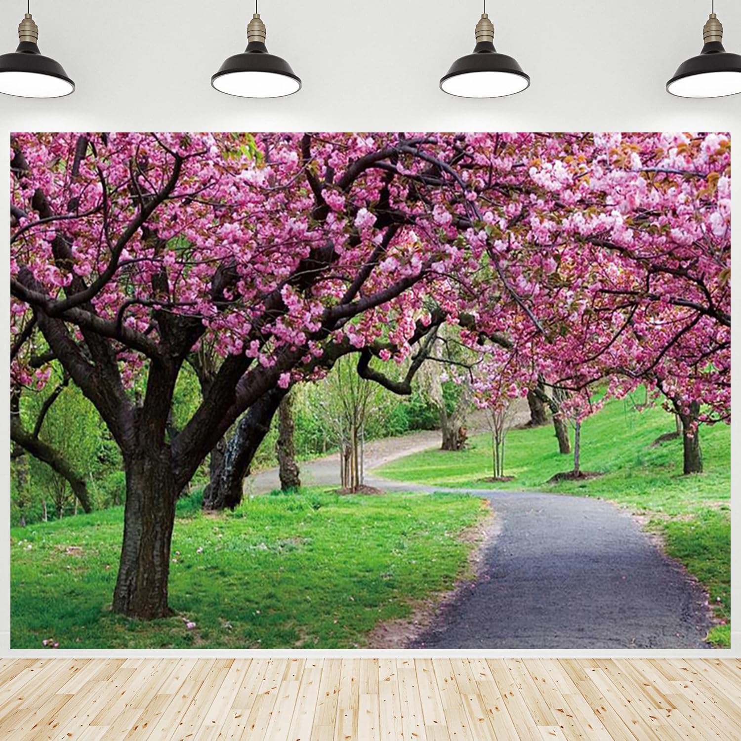 CRTPOD Spring Cherry Blossom Backdrop Pink Floral Trees Garden Park Path Nature Scenery Photography Background for Outdoor Portraits Party Decorations