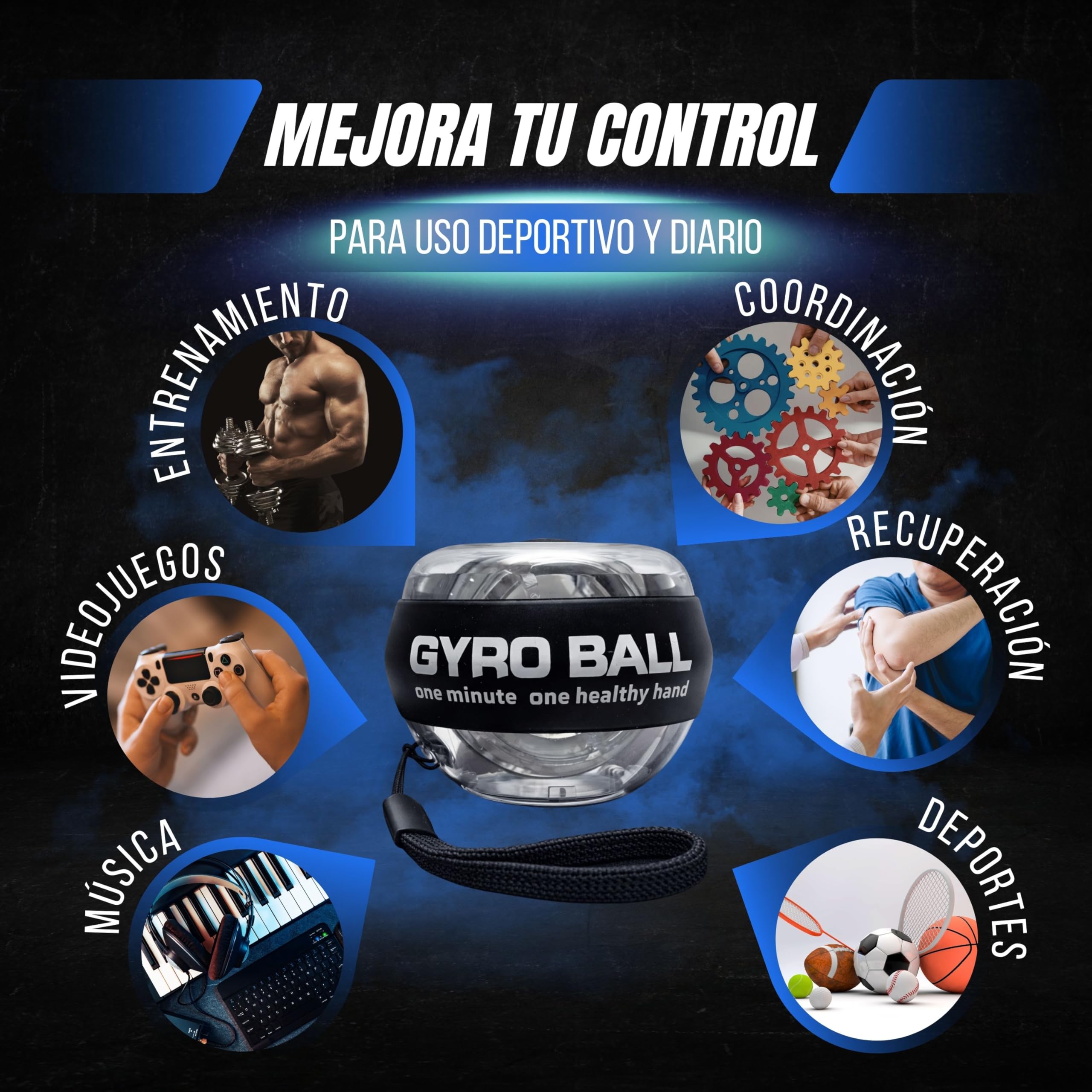 Giroscopio de Mano para Fortalecer Muñeca y Antebrazo PREMIUM PMR SHOP® | Gyro Ball con Inicio Automático y Correa | Ejercitador de Mano Compacto con Funda y Manual — view 5