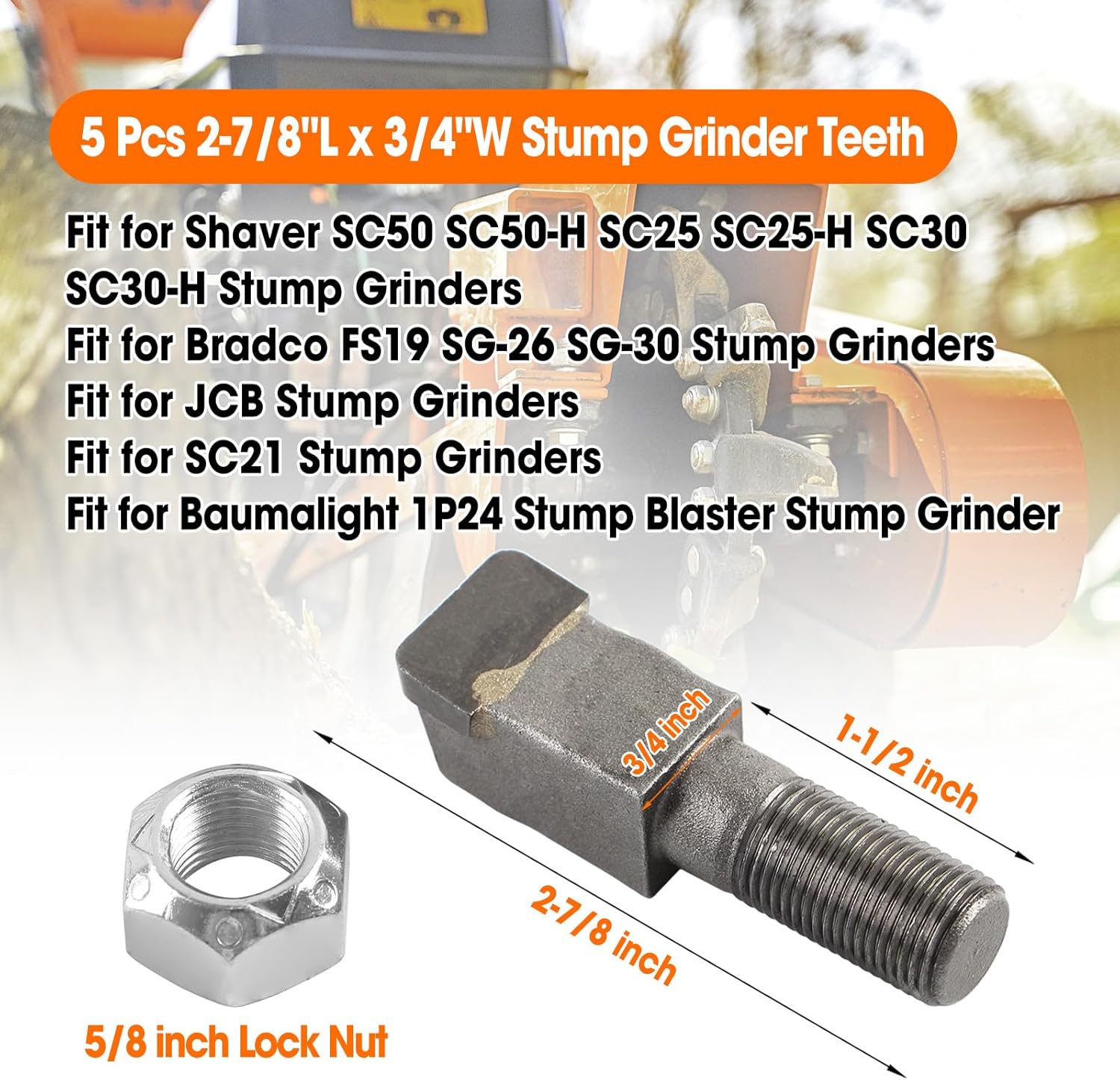 5 Pcs 2-7/8"L x 3/4"W Stump Grinder Teeth Assembly Fit for Shaver SC50 SC50-H SC25 SC25-H SC30 SC30-H Bradco FS19 SG-26 SG-30 JCB SC21 Baumalight 1P24 Stump Grinders, with 5/8" Nuts
