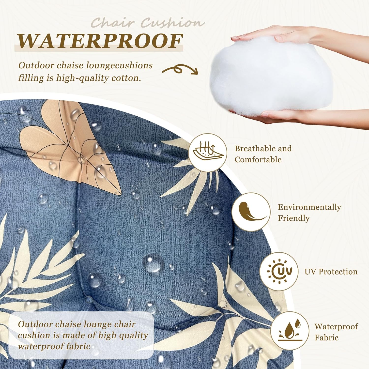 Outdoor Chaise Lounge Chair Cushion 75.1 x 23.6 x 4.7in, Waterproof Replacement Cotton Patio Thickened Pool Lounge Chair Cushion with Ties for Patio Outdoor Furniture,Tropical Leaf