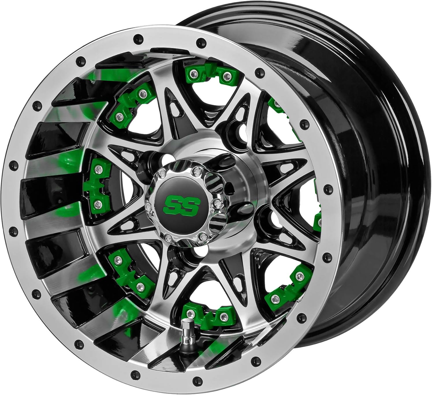 RM Cart® Golf Cart Accessories - 10" Revenge Matte Black on 22X11-10 Black Trail II with Green Inserts (Set of 4) | Fits Standard Lug Nuts (Club Car & EZ-Go)