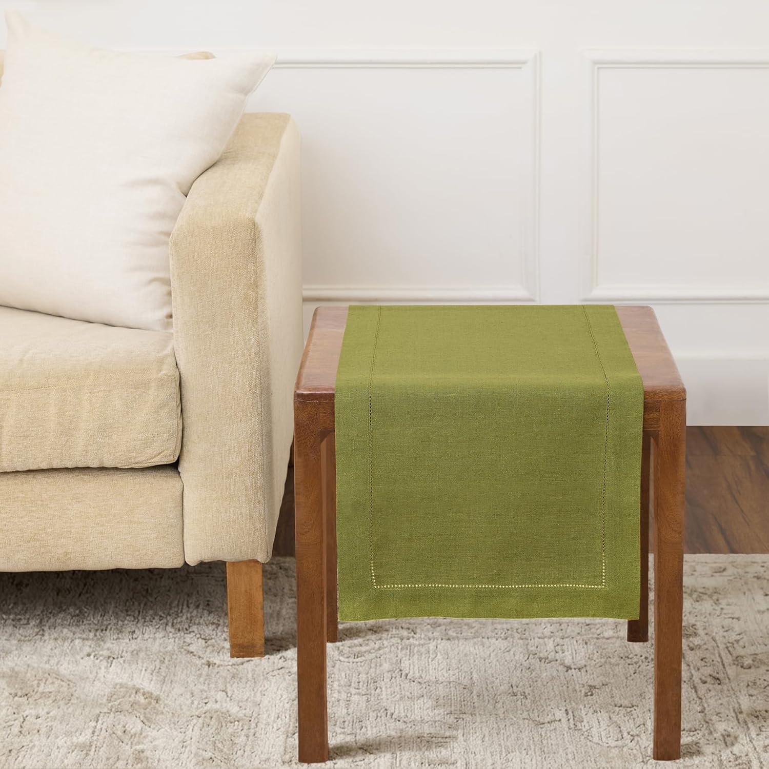 Solino Home Linen Hemstitch Table Runner 36 Inches - 100% Pure Linen Avocado Green Table Runner 14 x 36 Inch for Dresser and Coffee Tables - Spring, Summer - Classic Hemstitch