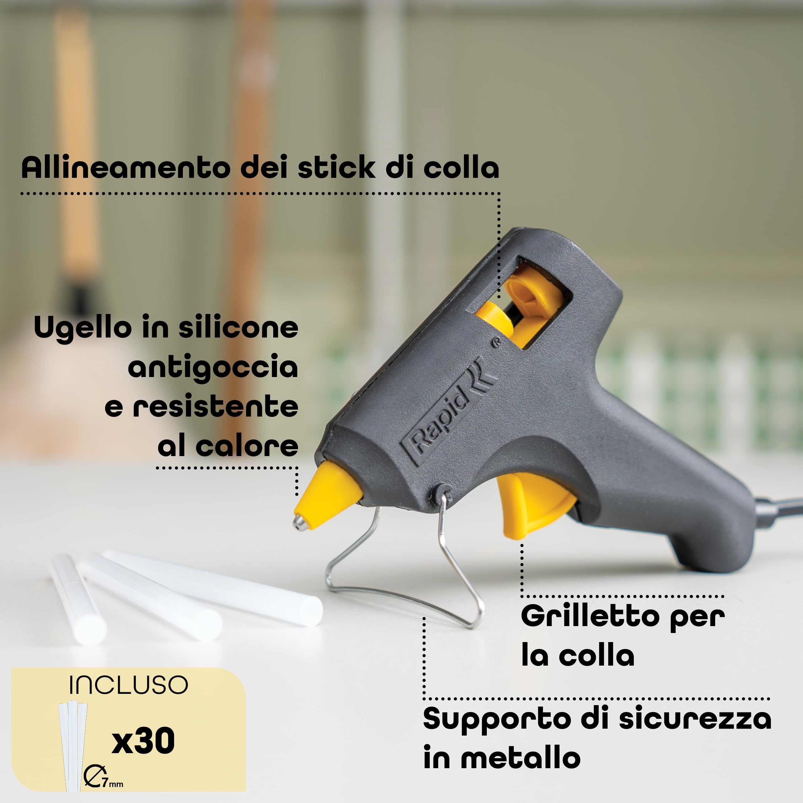 Rapid Pistola per Colla a Caldo Hobby 7 mm 100 g/h 10 Minuti con 30 Stick Trasparenti
