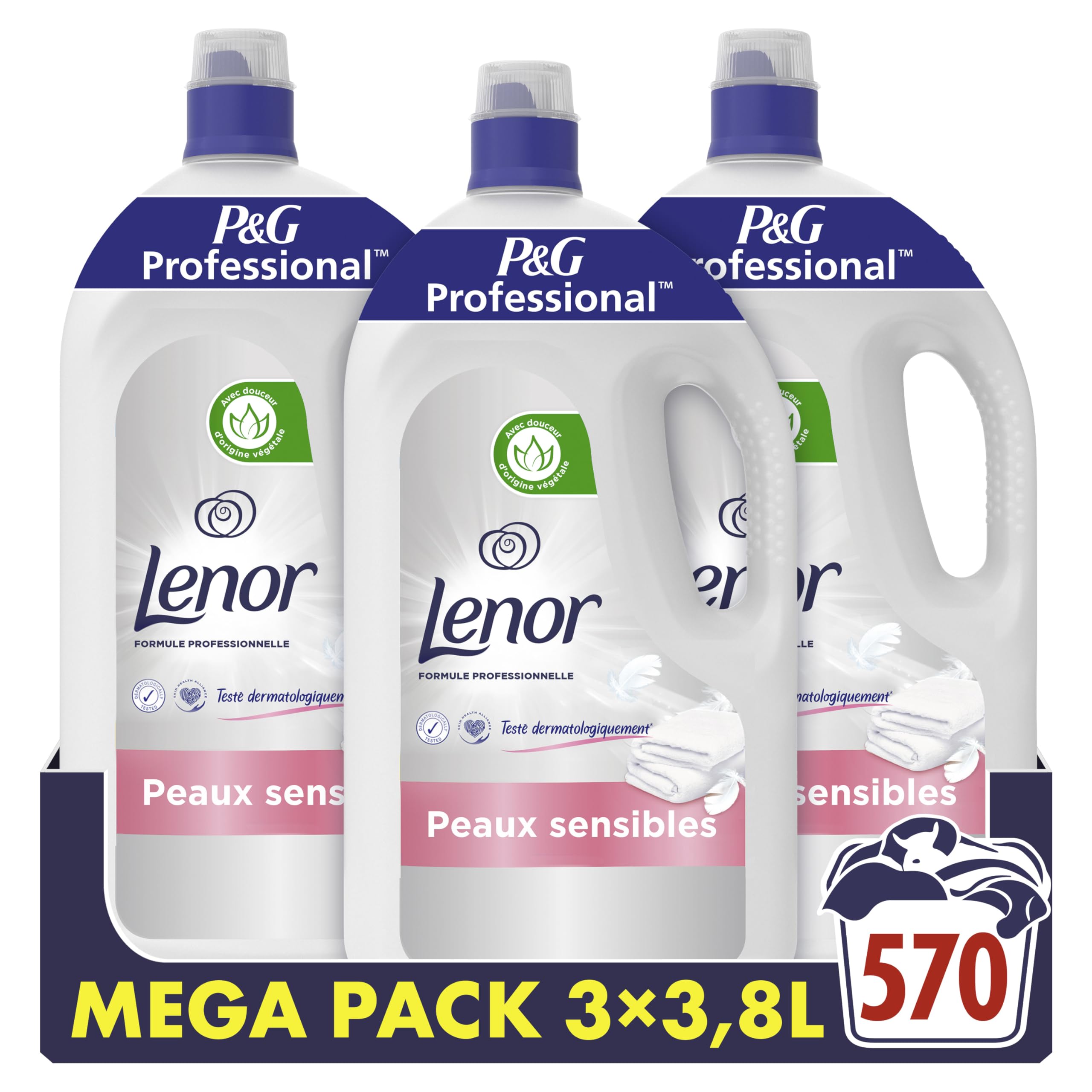Lenor Professional Adoucissant Linge Liquide, 570 Lavages (3x3.8L), Peaux Sensibles, Fraîcheur et Douceur Irrésistible, Testé Dermatologiquement, Fabriqué en France