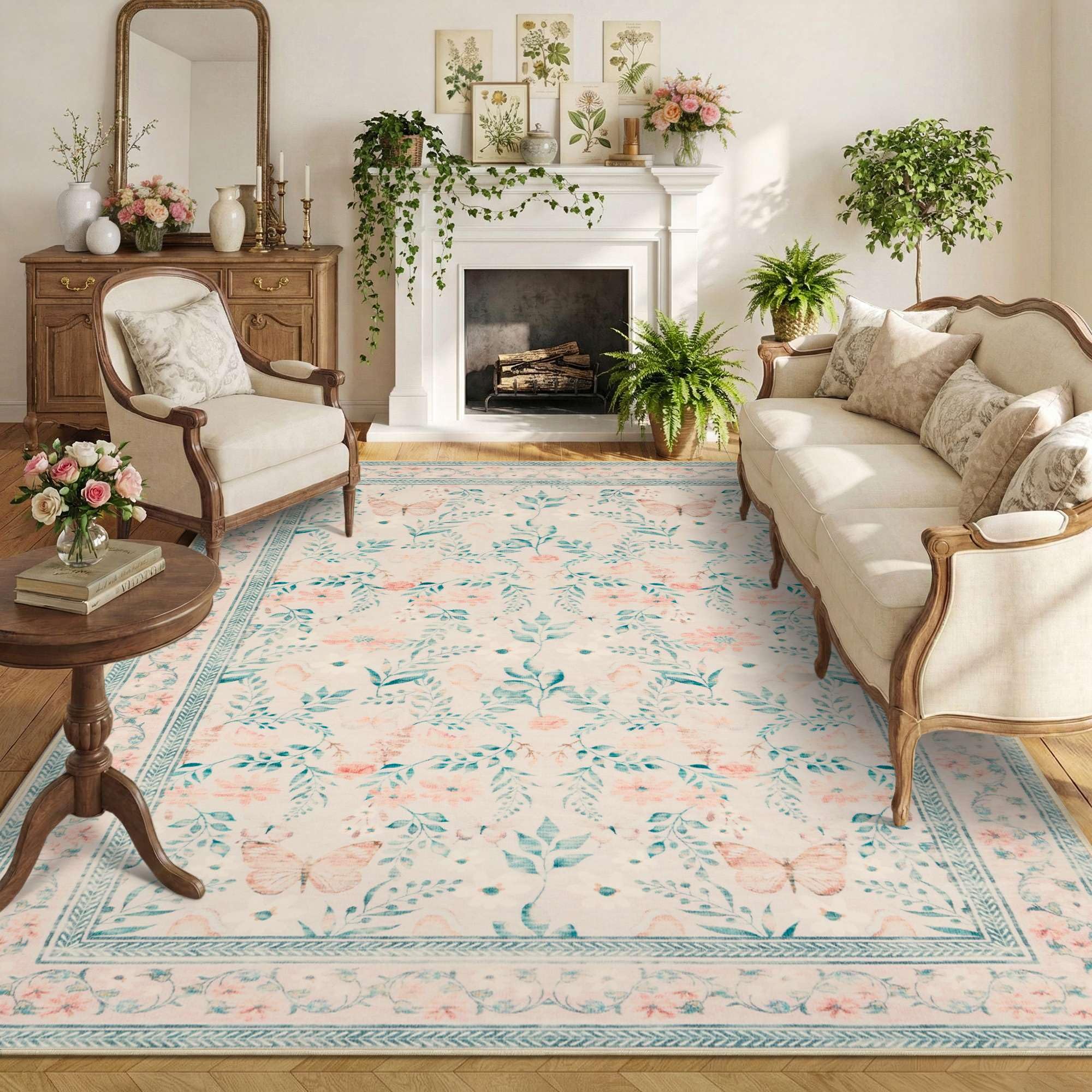Rugxara 6x9 Pink Rug for Living Room Bedroom, Floral Washable Rug,Vintage Boho Area Rug, Large Non Slip Low Pile Flower Carpet for Indoor Dining Room,