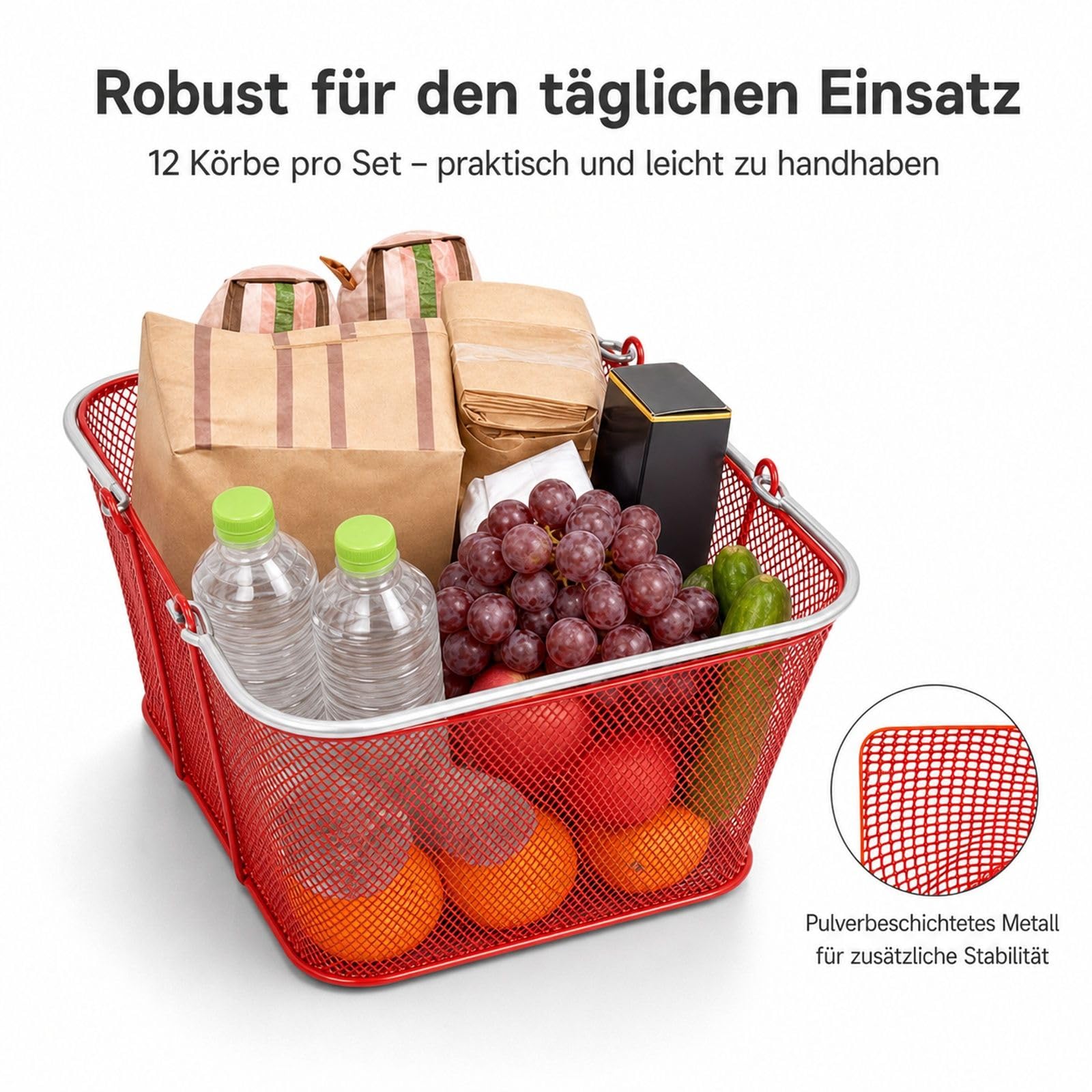 12er Set rote Einkaufskörbe aus Metall, stapelbare Körbe mit Griffen und Gitterstruktur für Lebensmittelgeschäfte, Einzelhandel und Supermärkte