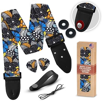 Guitar Strap - Add You Name or Initials and Make It Personalized. For Electric, Acoustic & Bass Guitar, Adjustable Strap Includes 2 Strap Locks to Keep It Safe & 2 Unique Picks and Pick Pocket