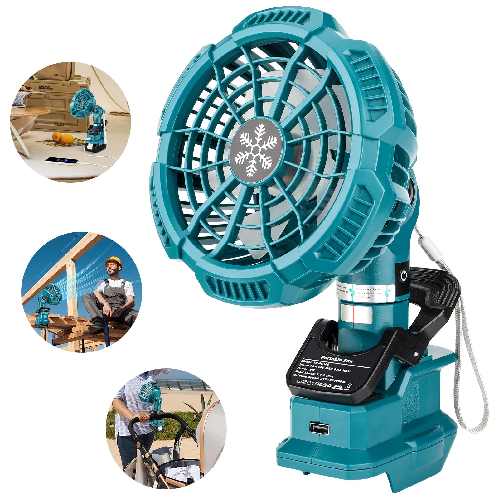 Per ventilatore a batteria Makita da 18 V, portatile con clip on ventilatore da tavolo a 3 velocità, porta USB per cantiere, passeggino, campeggio (senza batteria)