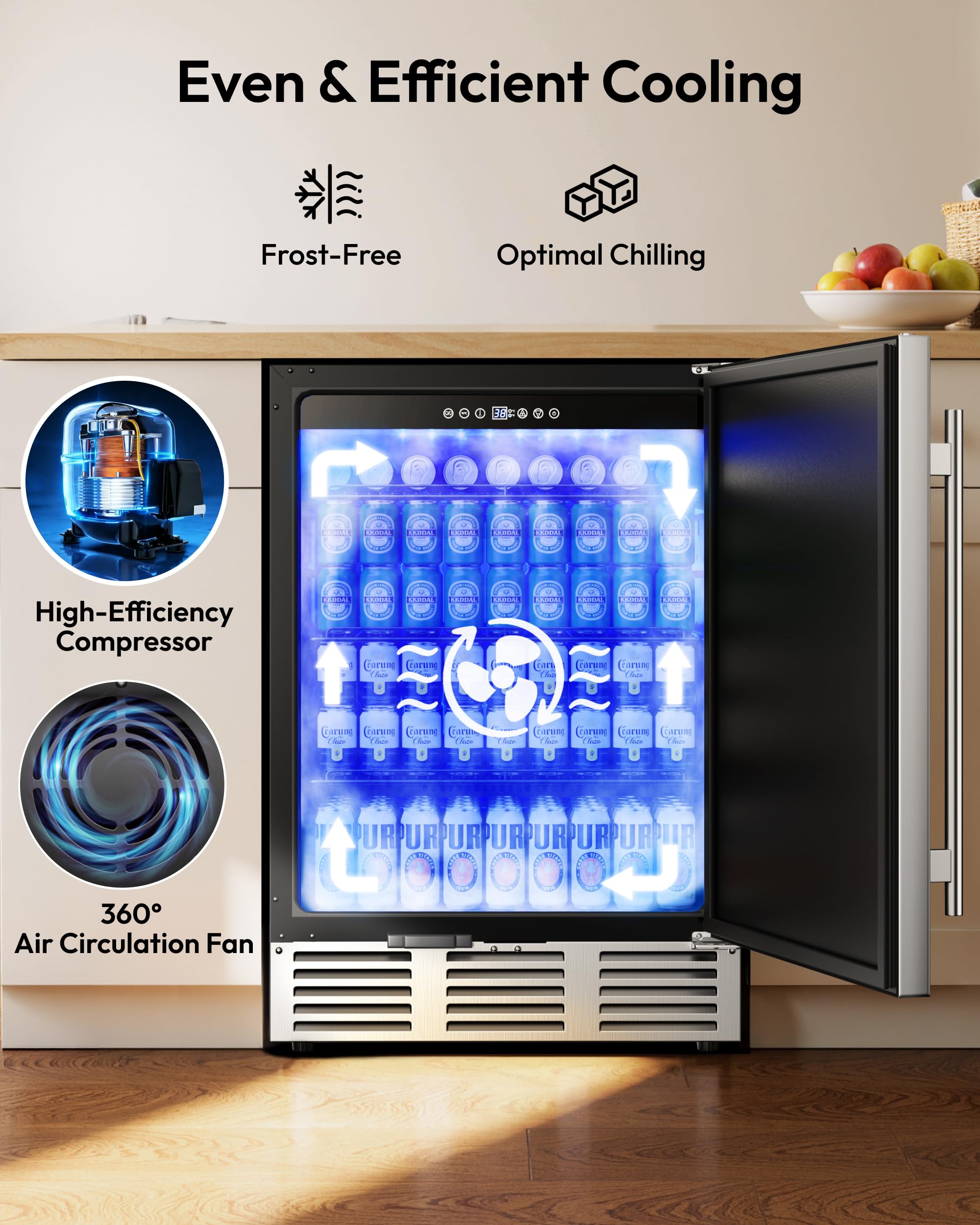 Euhomy 24 Inch Beverage Refrigerator, Undercounter Beverage Fridge 180 Can With Stainless Steel Door For Home Patio, Beverage Cooler Built-In Or Freestanding, Outdoor Refrigerator For Soda Beer Wine on Fridge.com - View 5