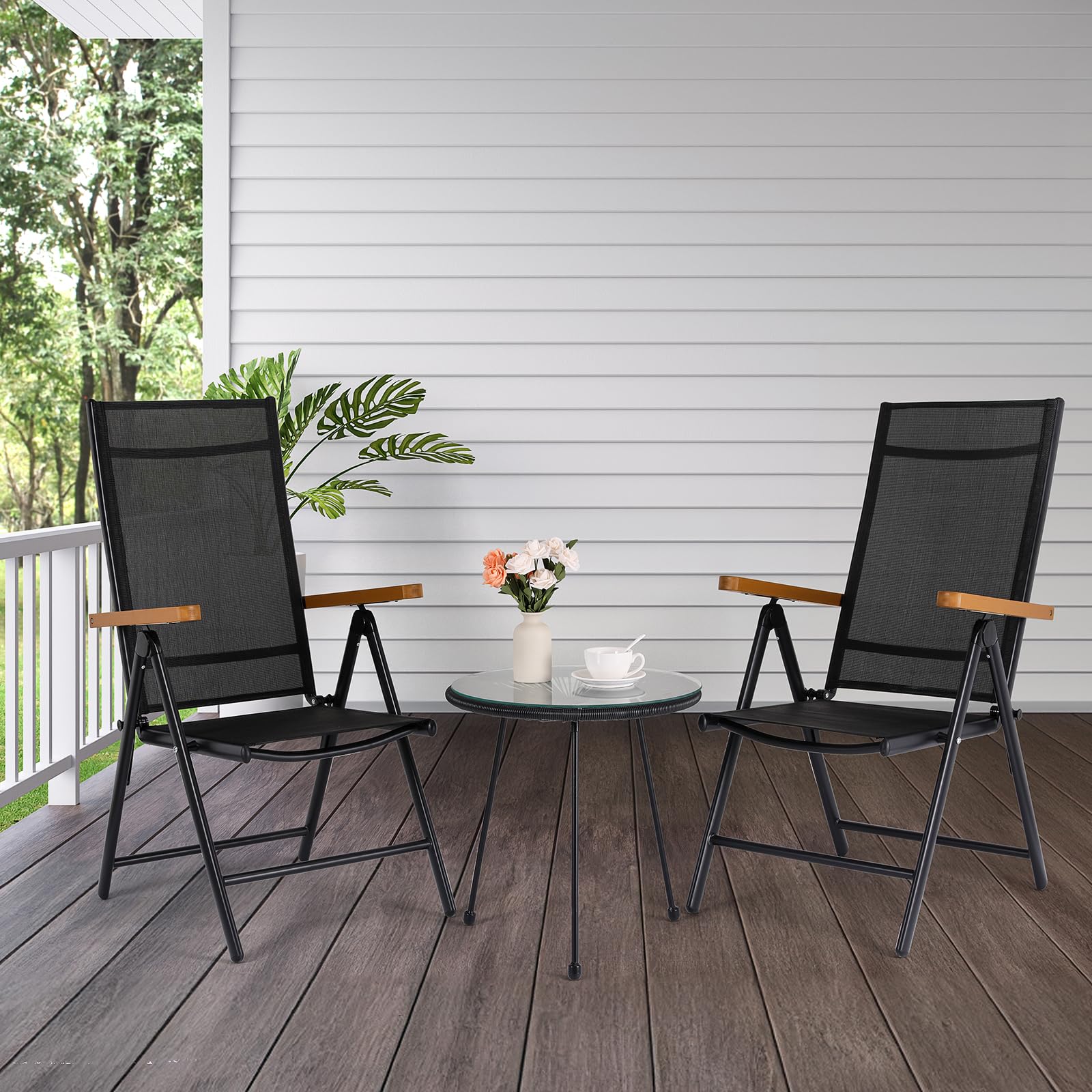 LIFERUN Juego de 2 Sillas de Jardín Plegables de Aluminio con Reposabrazos Imitación Madera, Respaldo Alto Ajustable 7 Posiciones, Transpirables, Portátiles, Silla Exterior de Camping para Terraza