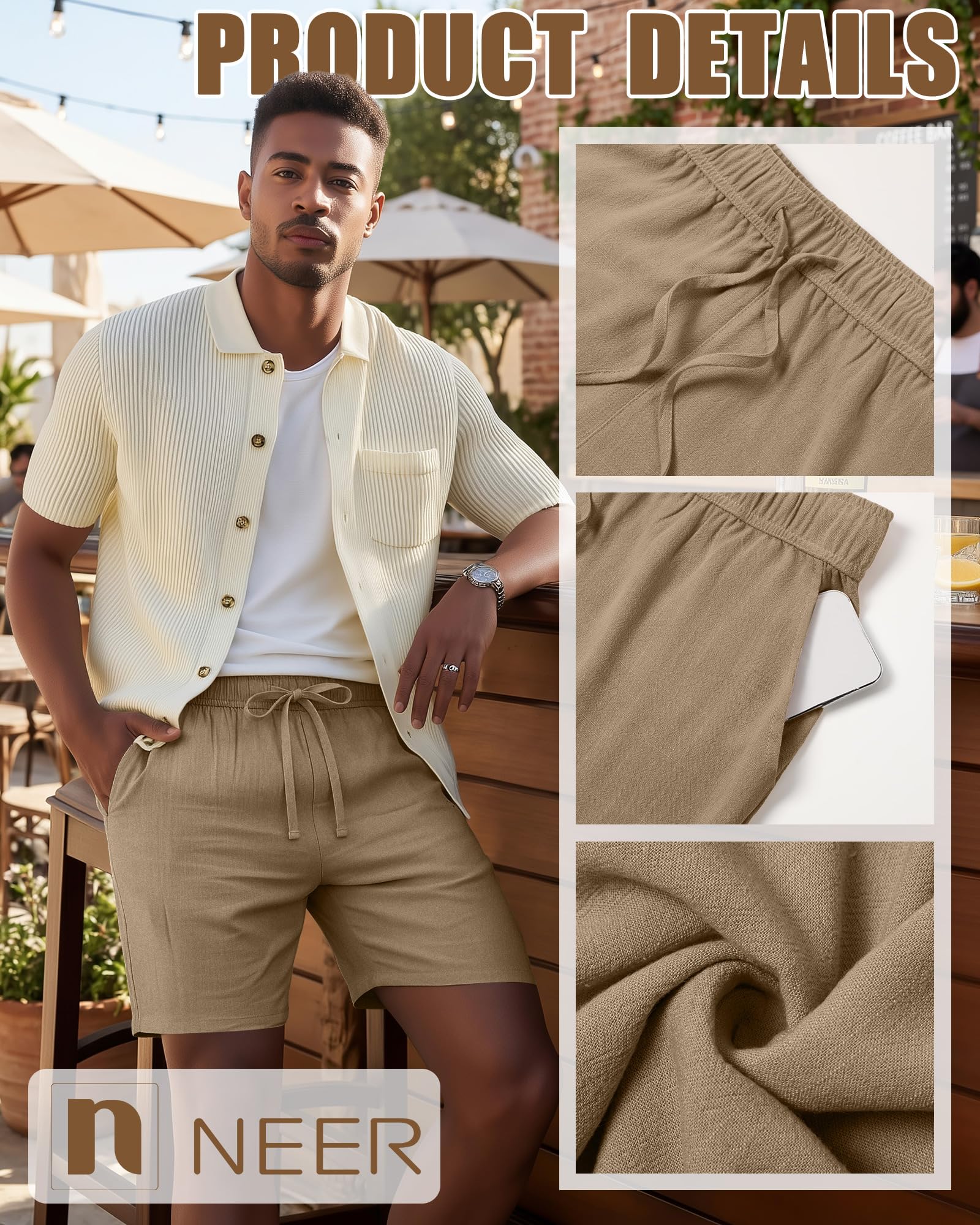 Neer Lot de 3 shorts d'été décontractés et légers en lin avec cordon de serrage à taille élastique et poches pour homme