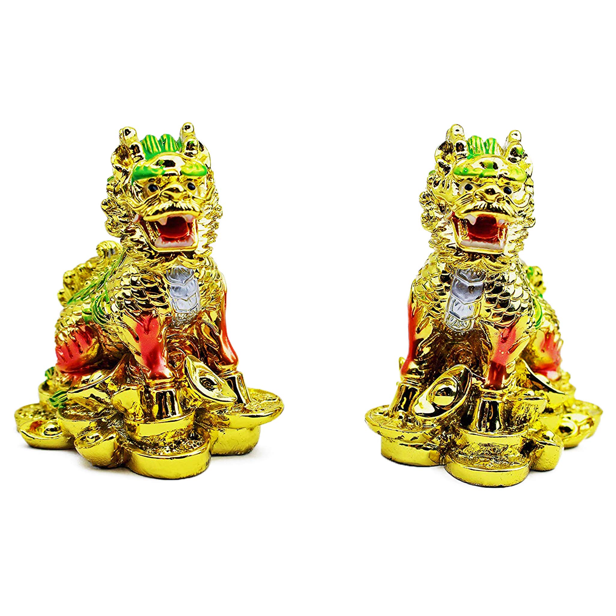 Feng Shui Pair of Gold Elegant Chi Lin Dragon Horse on Gold Coins麒麟 Wealth Lucky Statue Figurine Home Decor Housewarming Congratulatory Gift with a Chinese Royal Yellow Gift Box