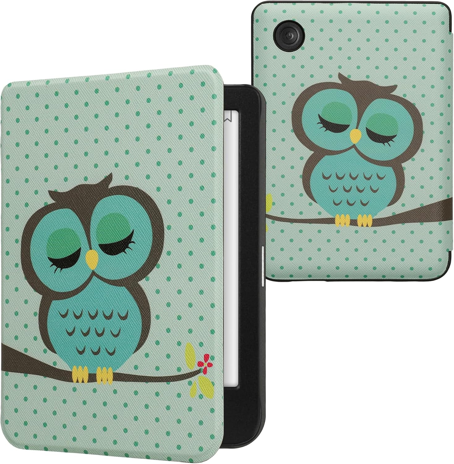 kwmobile Case Compatible with Kobo Clara BW/Colour Case – eReader Cover – Sleeping Owl Turquoise/Brown/Mint