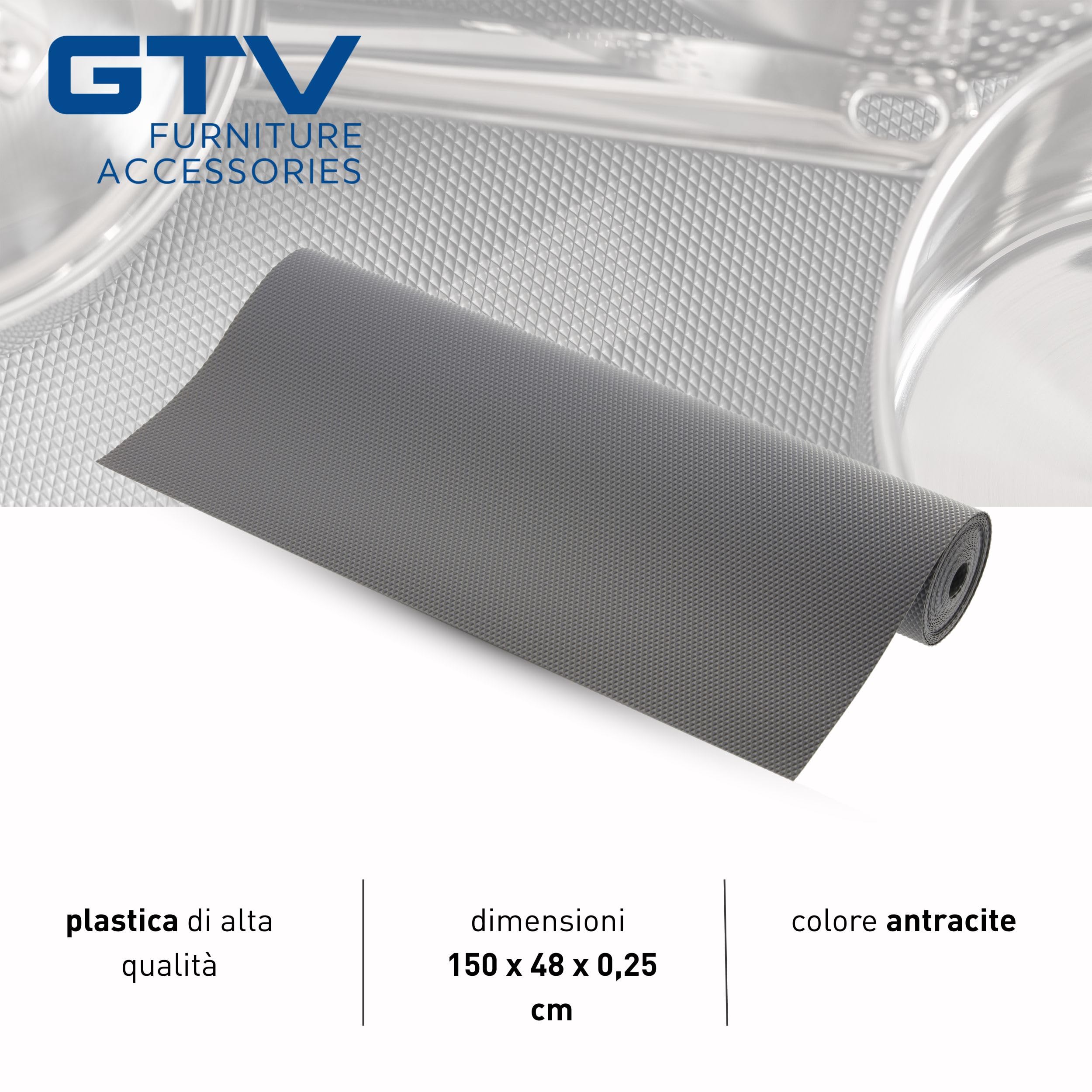 GTV - Tappetino per Cassetti e Ripiani del Frigorifero, Tappetino Antiscivolo Cucina, Proteggi Cassetti Cucina, Rivestimento Cassetti Cucina, Tappetino Cassetti Cucina - Antracite, 48 x 150 cm