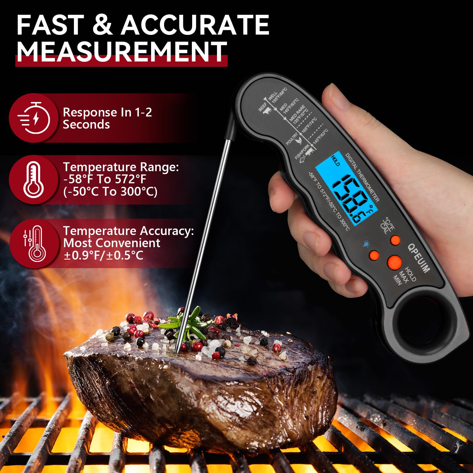 Termómetro digital para carne de lectura instantánea, termómetro de alimentos para asar y cocinar, color negro