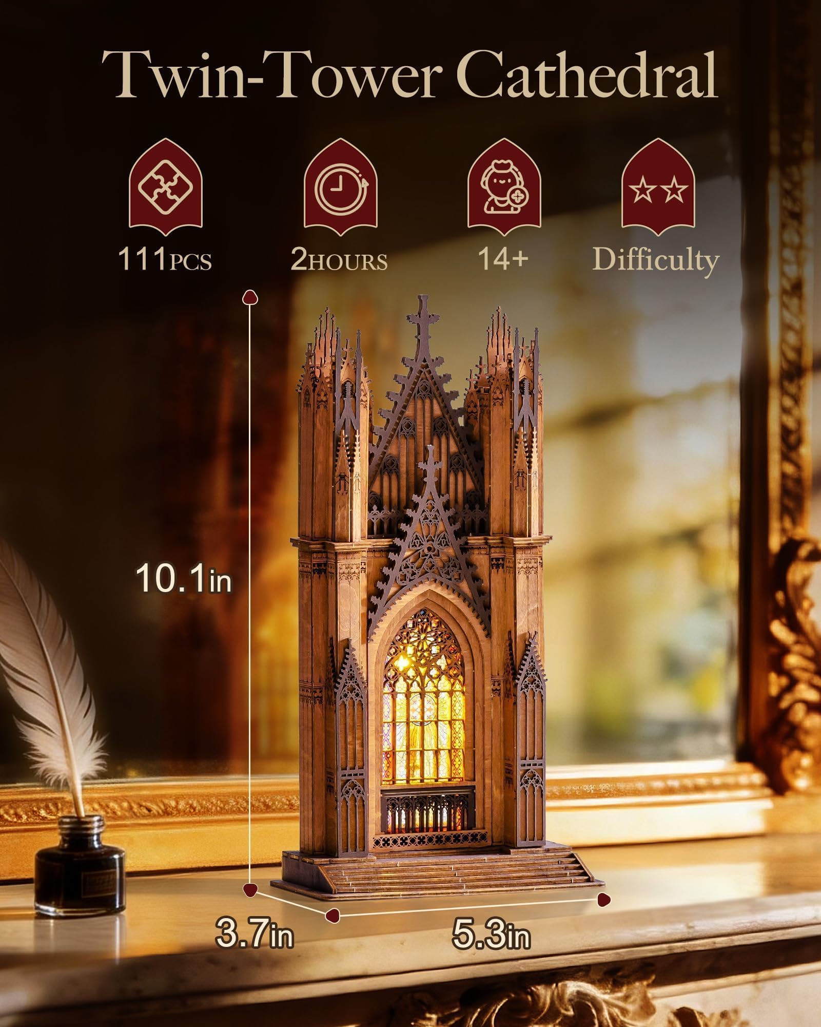 Rolife 3D Wooden Puzzle - Gothic Twin-Tower Cathedral Architecture Model with LED Lights, DIY Craft Building Kit for Adults, Unique Home Decor & Birthday for Hobbyists - 3